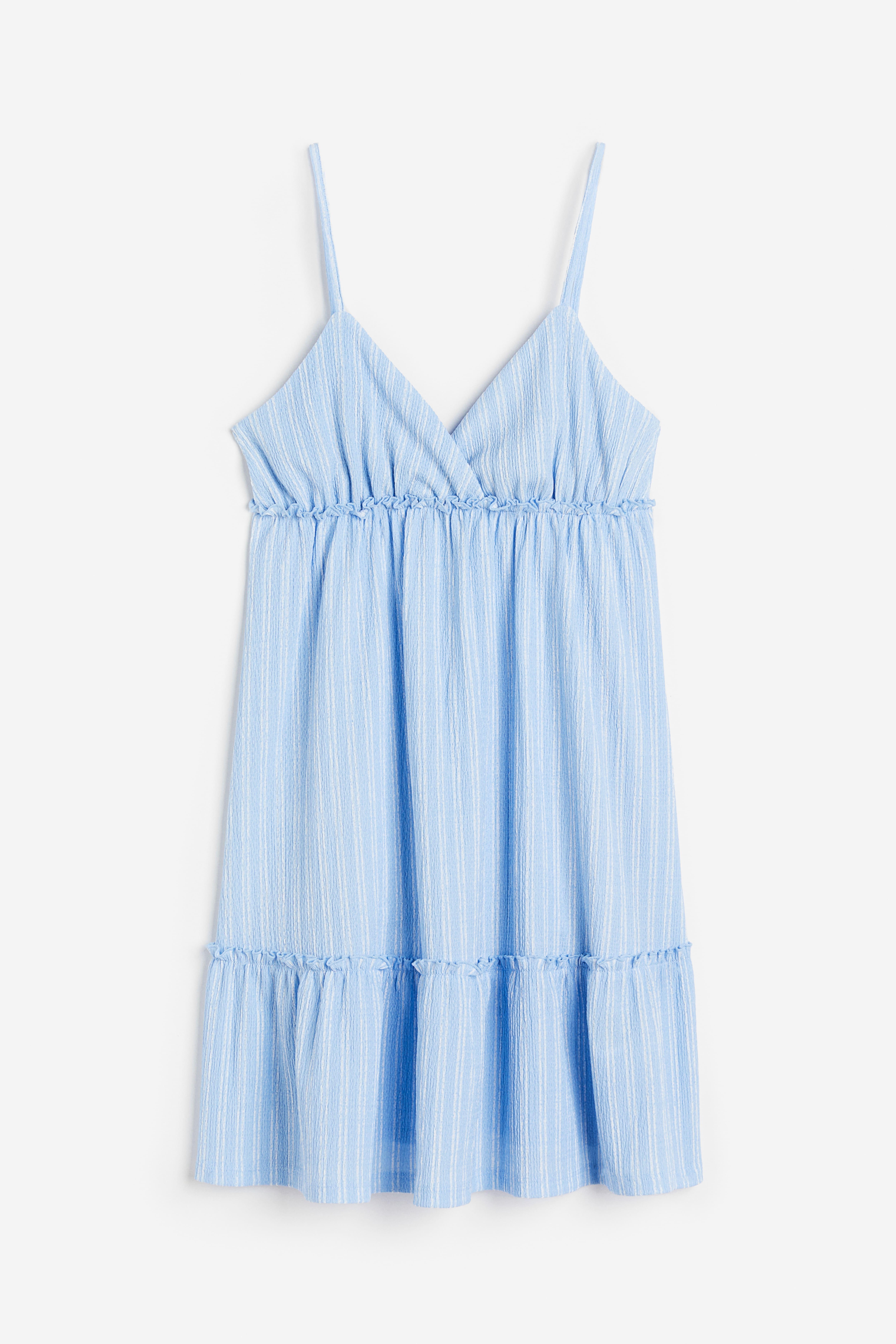 Ruffle-trimmed Crêped Dress - V-neck - Sleeveless - Light blue/white  striped - Ladies | H&M US