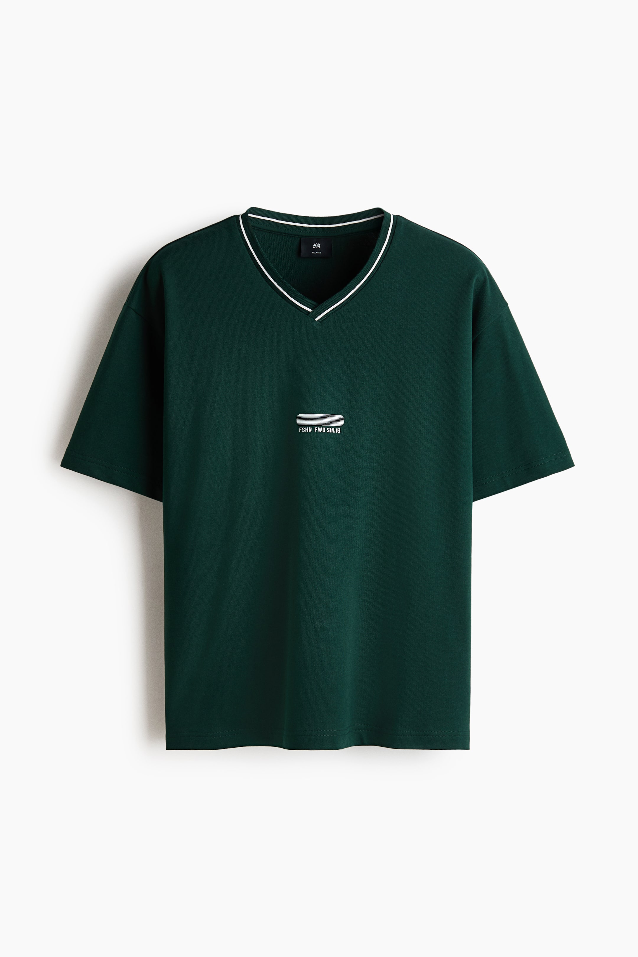 View larger image: A dark green T-shirt crafted from printed cotton jersey showcases a ribbed V-neck adorned with white stripes. It features a metallic-finish rectangular graphic with text on the chest, complemented by short sleeves and a straight-cut hem, offering a relaxed fit.