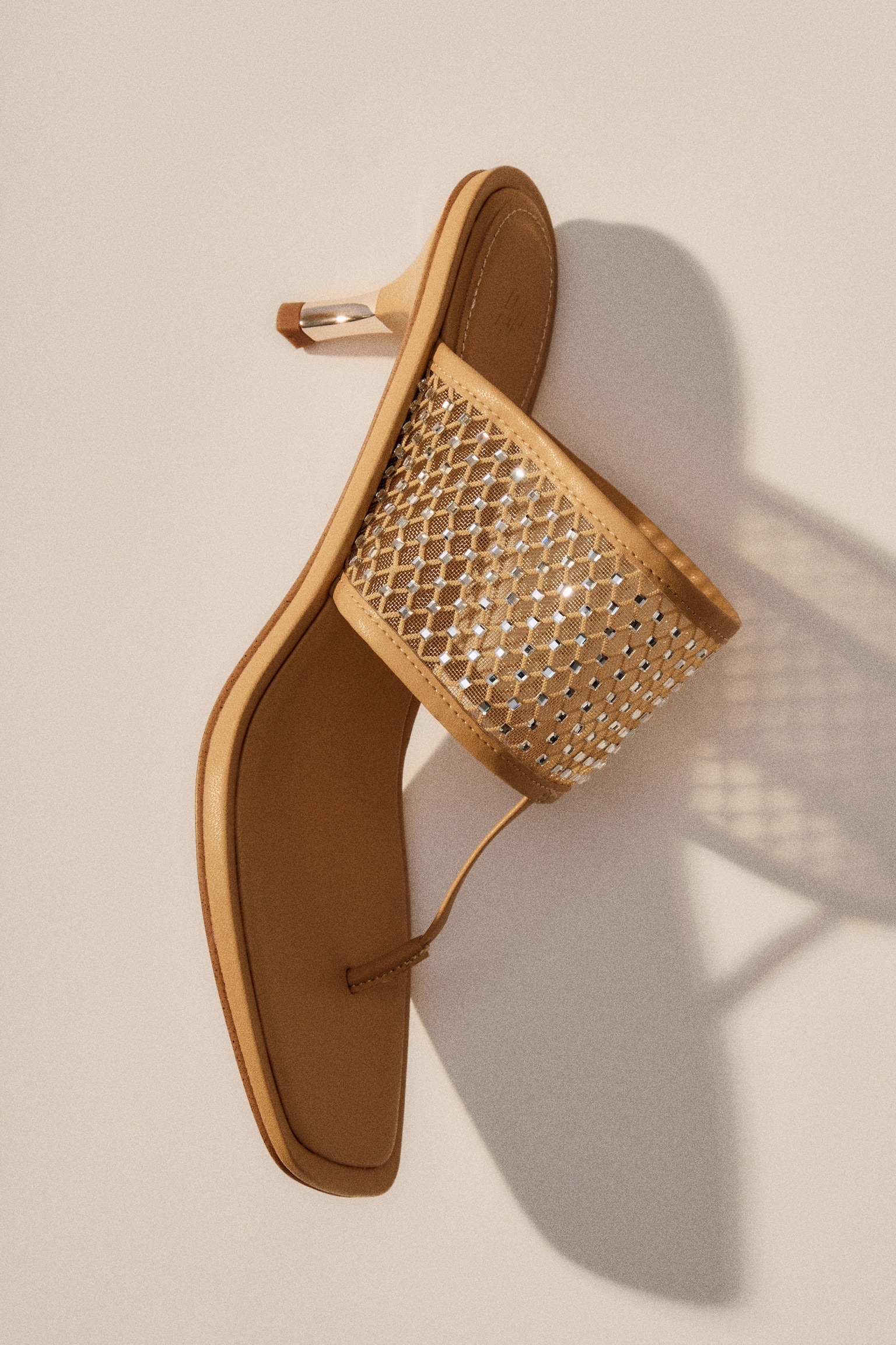 Embellished Kitten-Heeled Sandals - Beige - 1