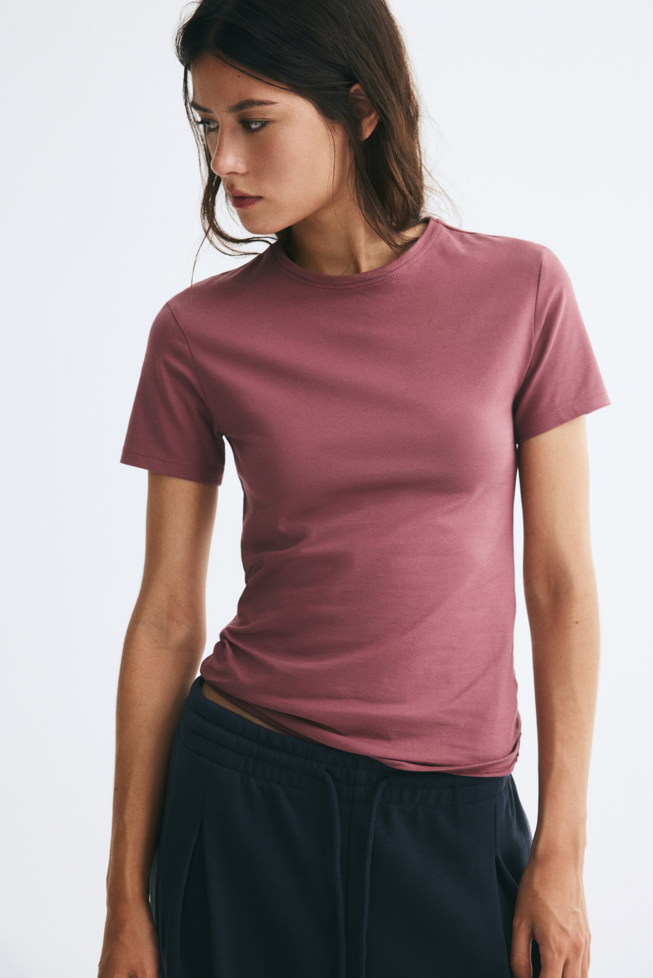View larger image: Fitted cotton-blend T-shirt - Dark dusty pink - Ladies | H&M 1