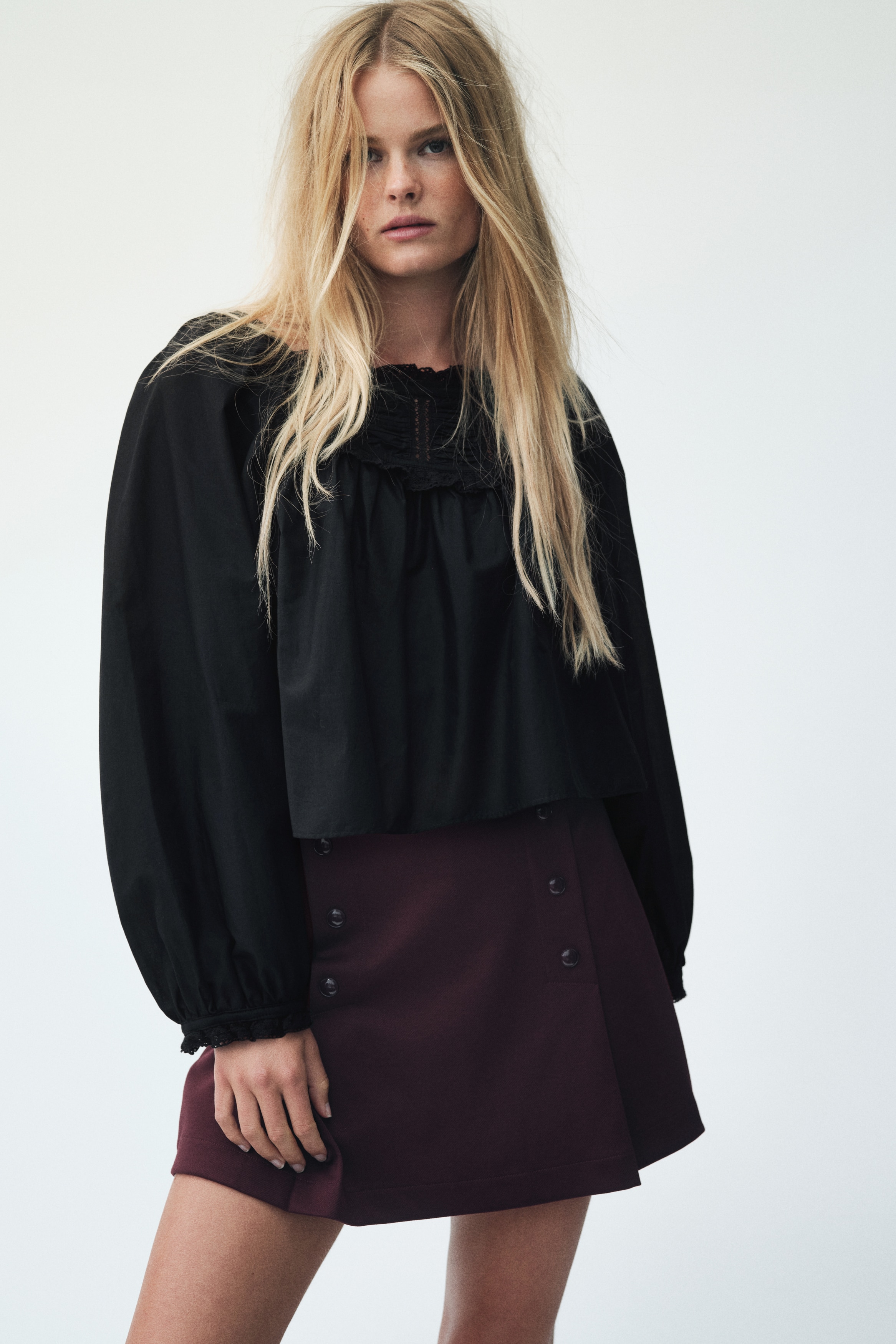 H & M - レーストリム コットンブラウス - ブラック