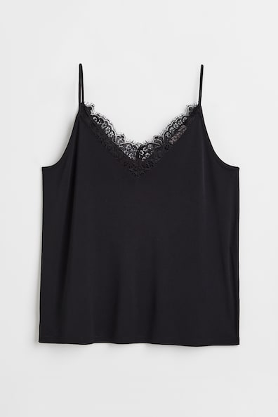 Lace-trimmed Camisole Top - Low-cut Neckline - Sleeveless - Black ...