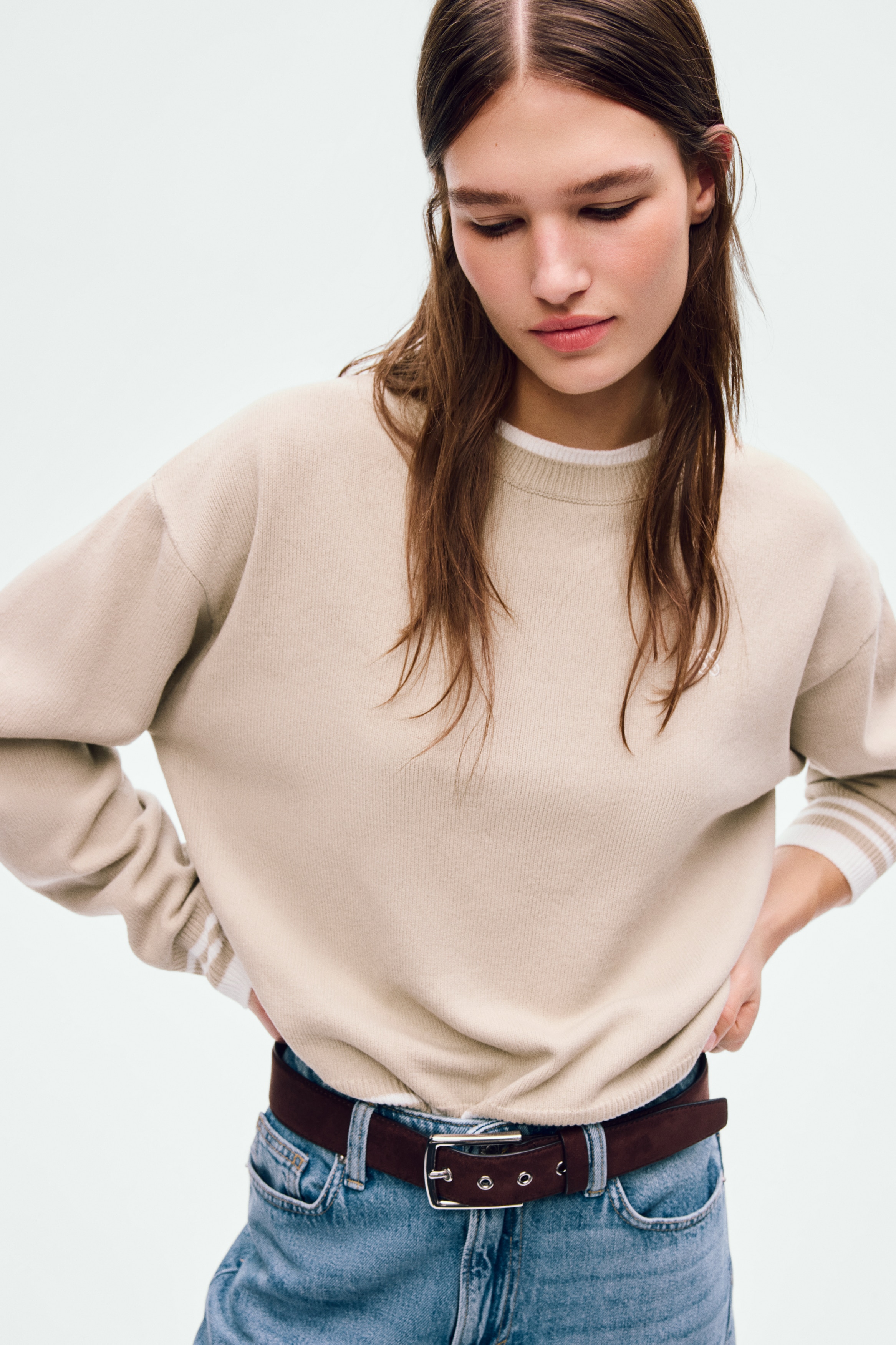 Pulover cu efect suprapus - Bej