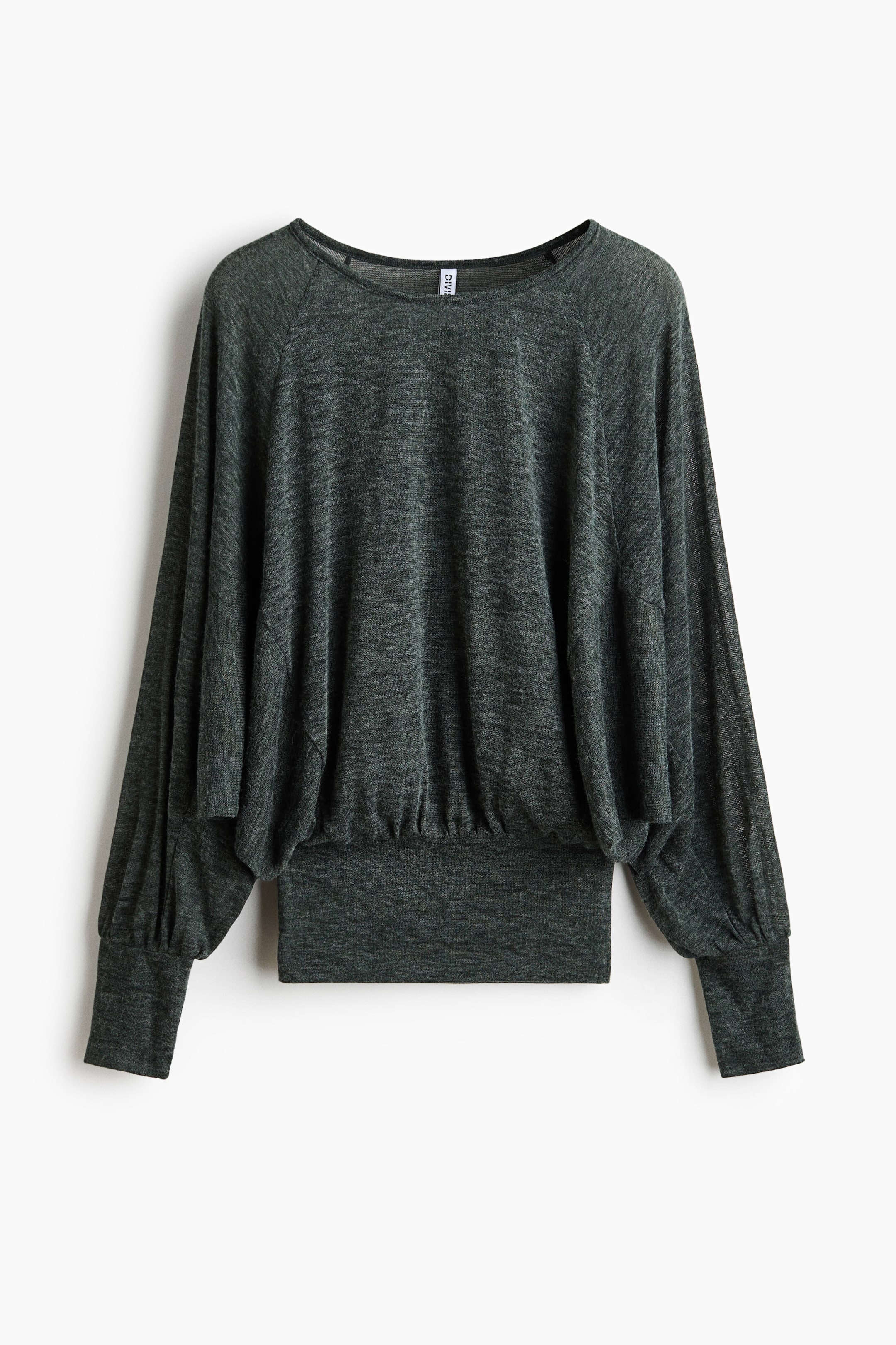 View larger image: A dark green heathered long-sleeve top is showcasing its front view, featuring a wide scoop neckline. Its raglan sleeves are loose and voluminous, gathering into fitted cuffs, while the blouson body gathers into a wide, fitted waistband.