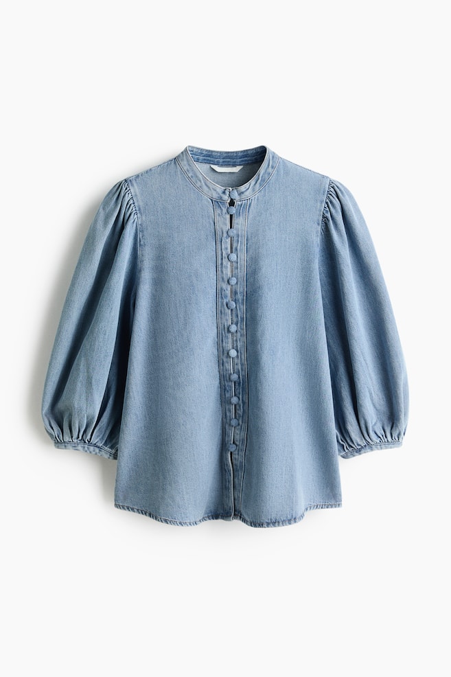 Denim blouse met pofmouwen - Denimblauw - 1