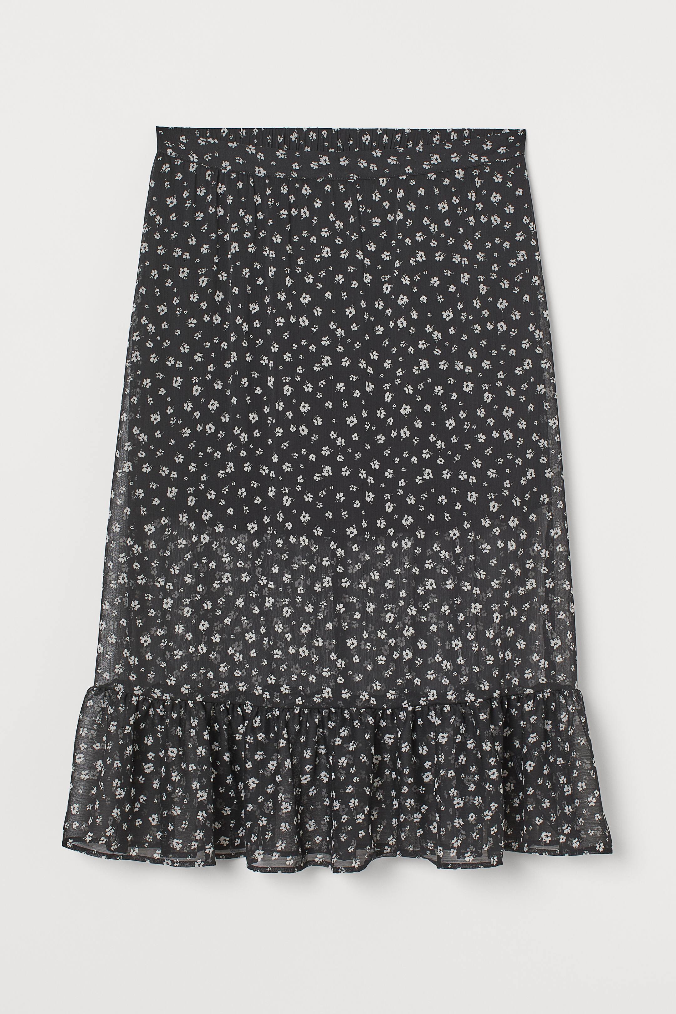 H&M+ Crêpe skirt - High waist - Midi - Black/White floral - Ladies | H&M GB