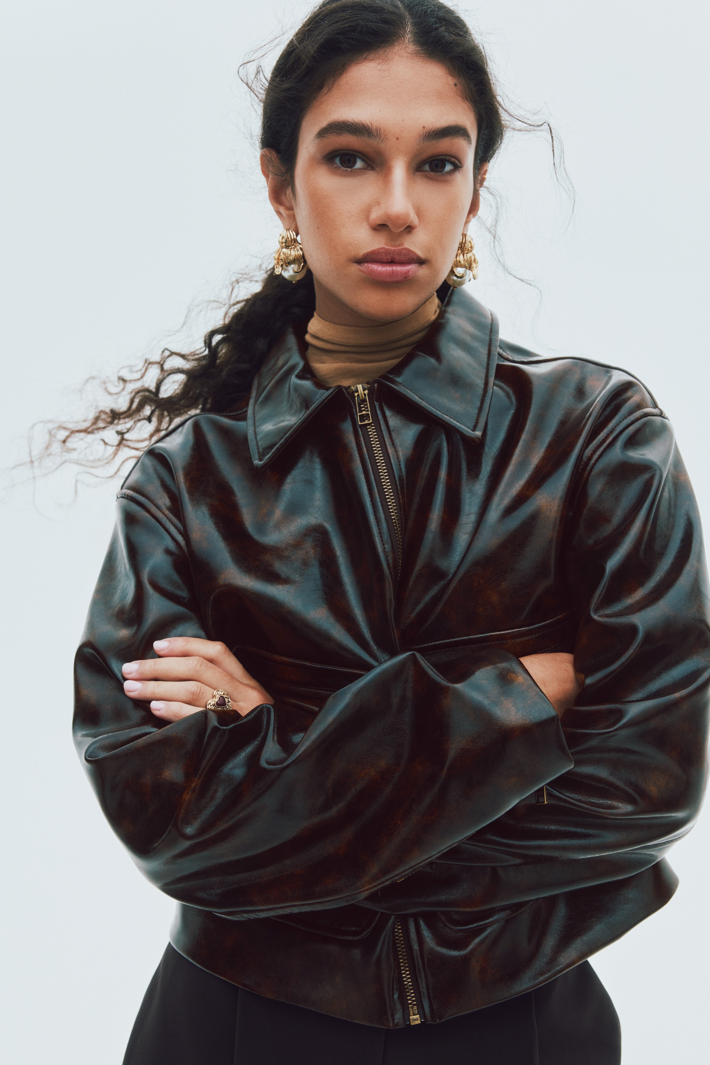 【】 オーバーサイズジャケット　ダークブラウン オーバーサイズ 襟付きジャケット - ダークブラウン