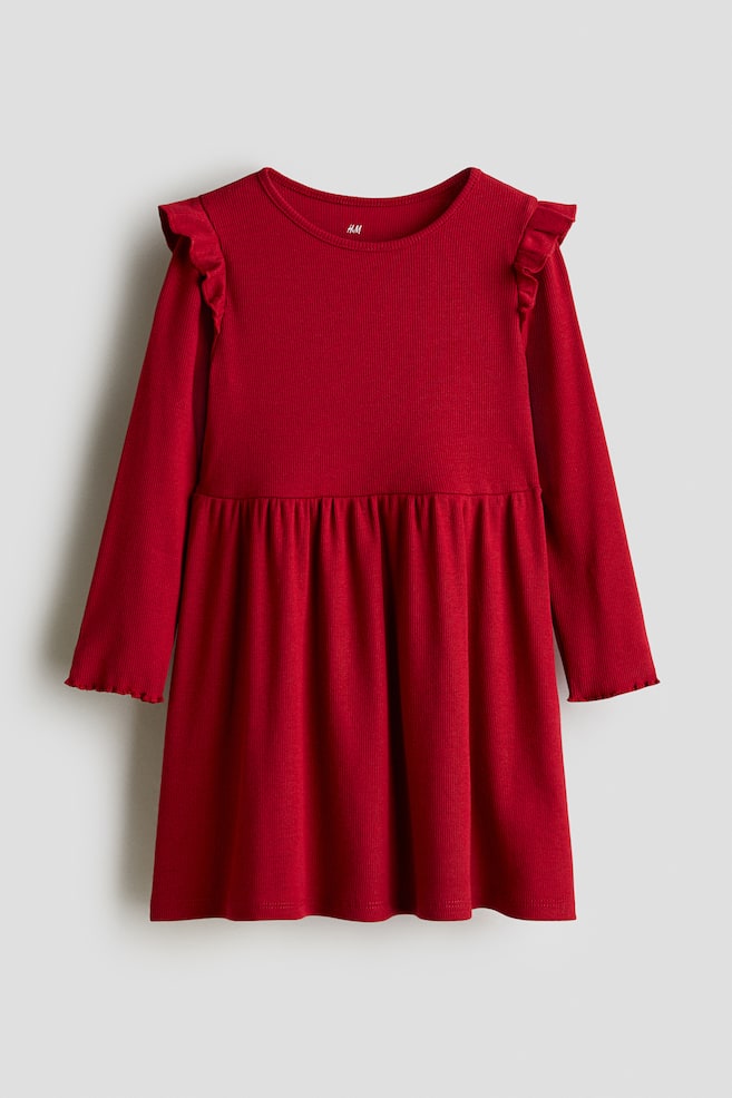 Vestido de canalé con volantes - Rojo/Rosa claro - 1