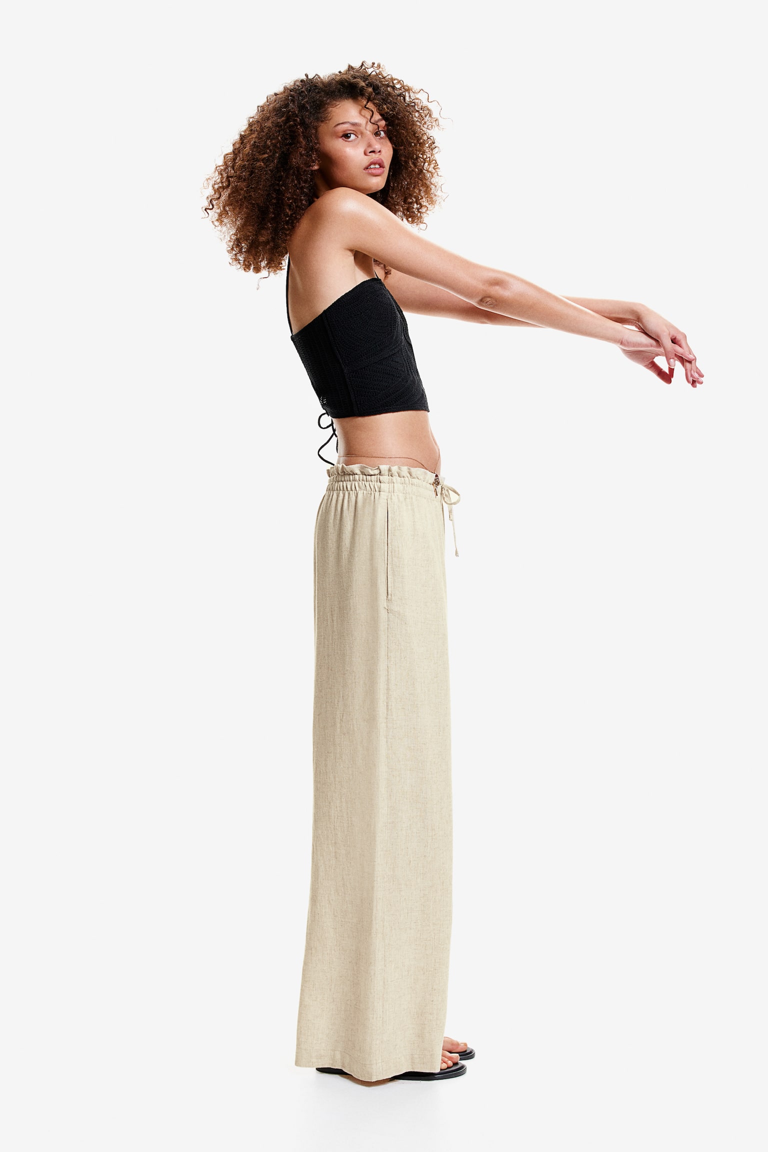 Linen Blend Pull On Pants - Light beige marle/Cream/Black - 3