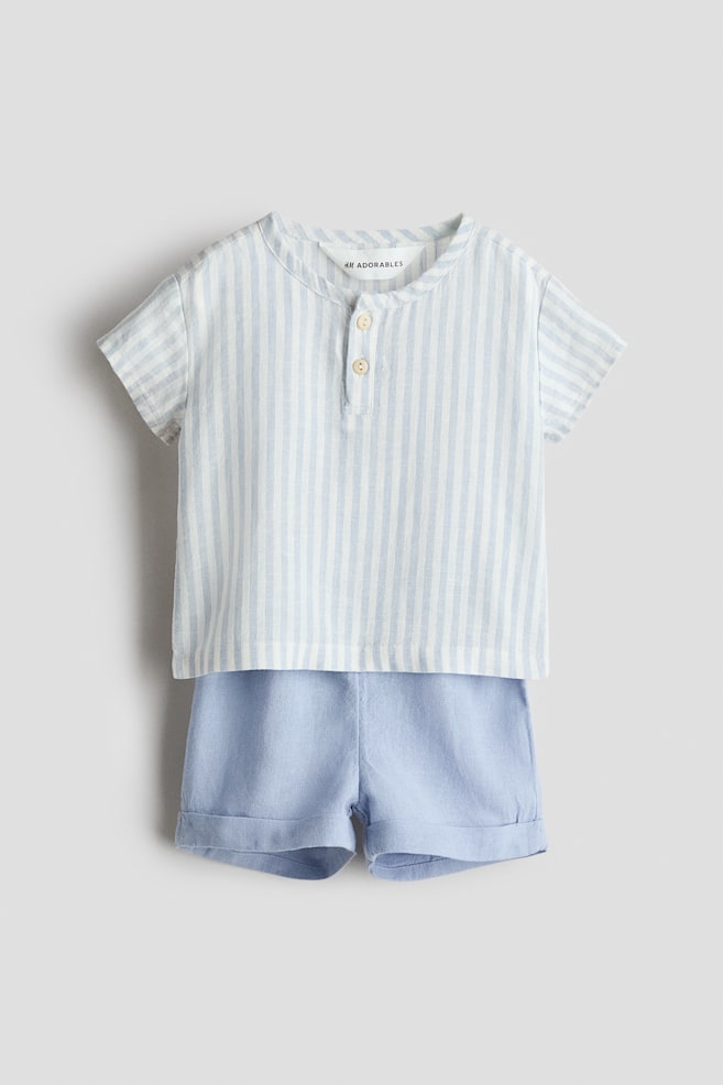2-Piece Henley Shirt and Shorts Set - Blue/white striped - 1