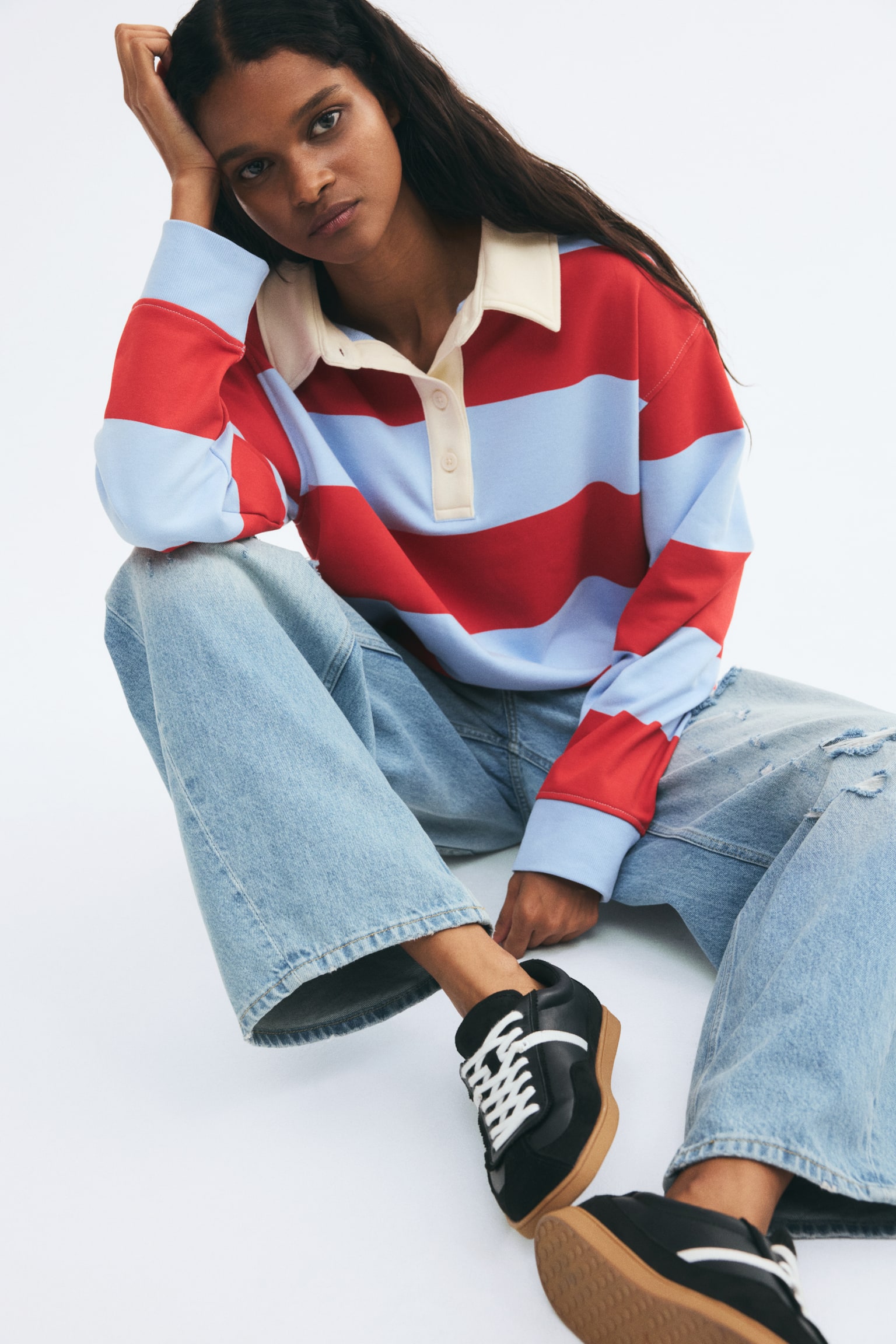 Женская рубашка H&M Cotton rugby shirt, цвет: Светлый синий / Полосатый — фото 3
