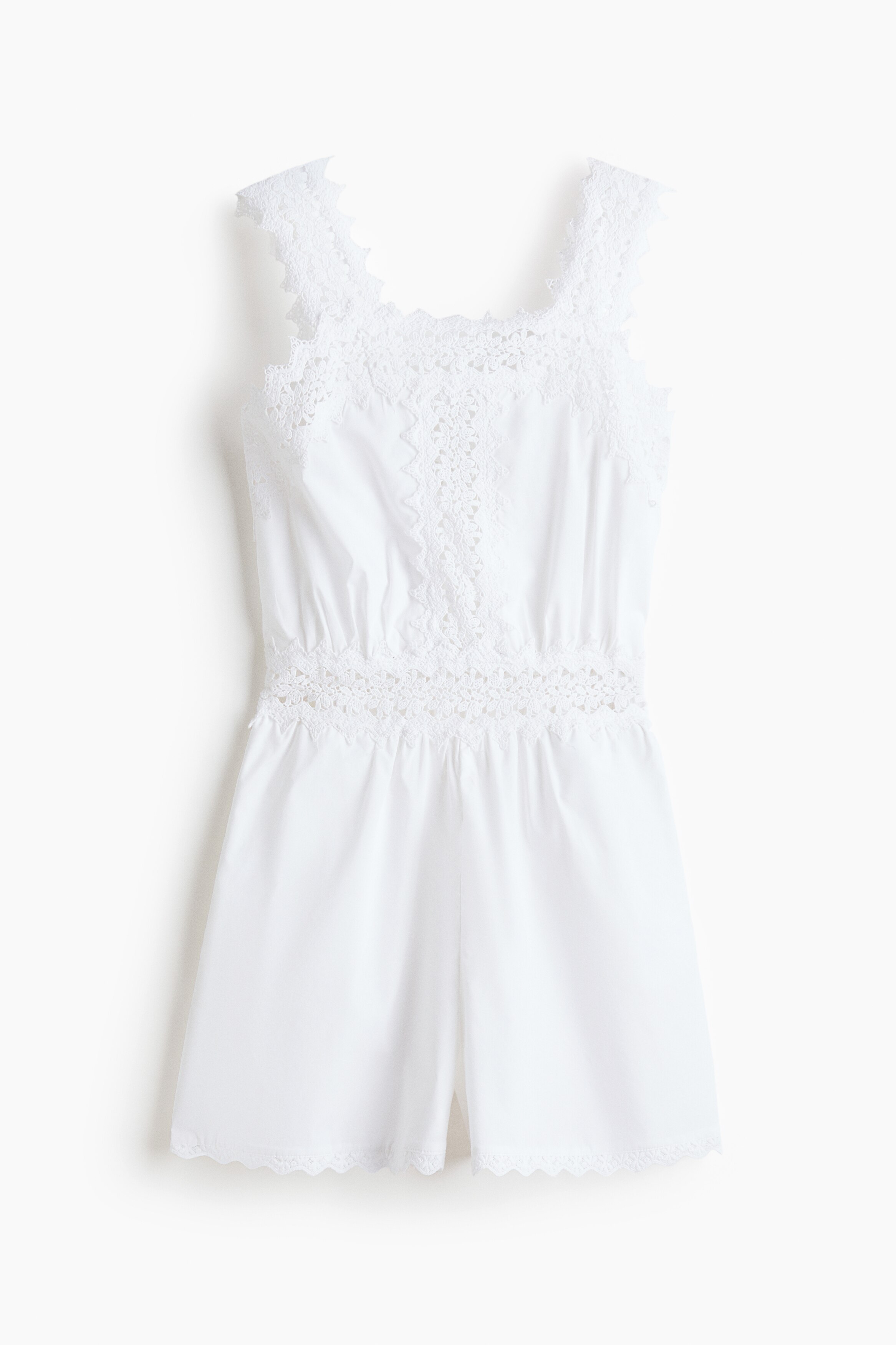 Lace-detail cotton playsuit - White/Navy blue