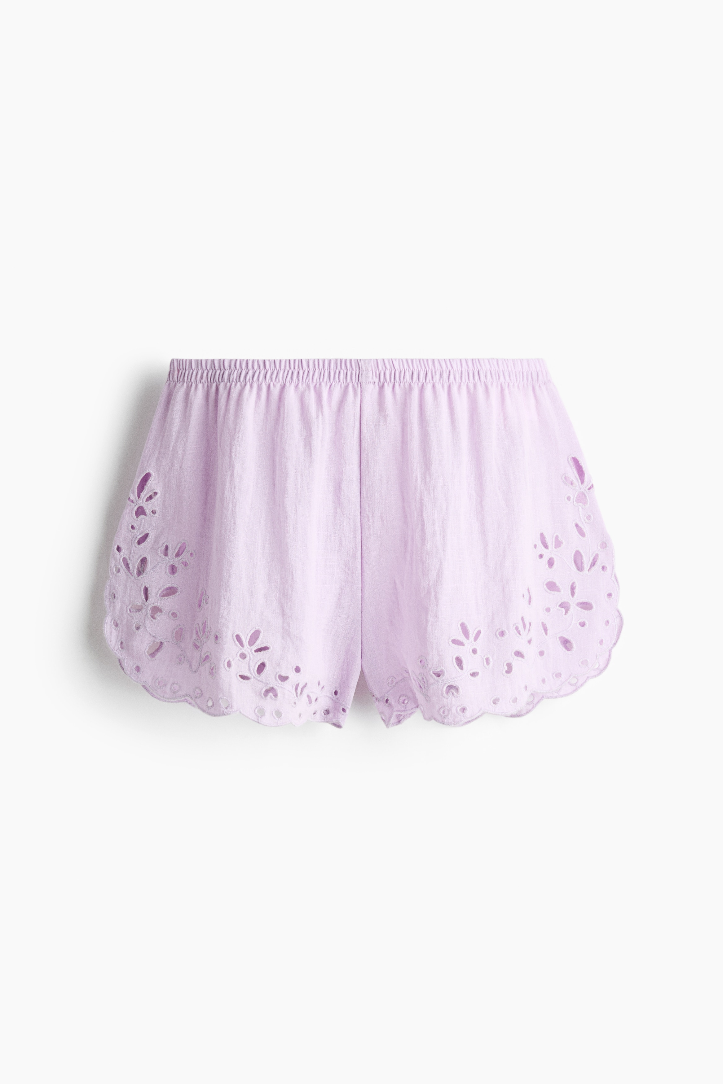 Shorts mit Broderie Anglaise - Helllila/Hellblau/Dunkelbraun/Cremefarben/Knallrot