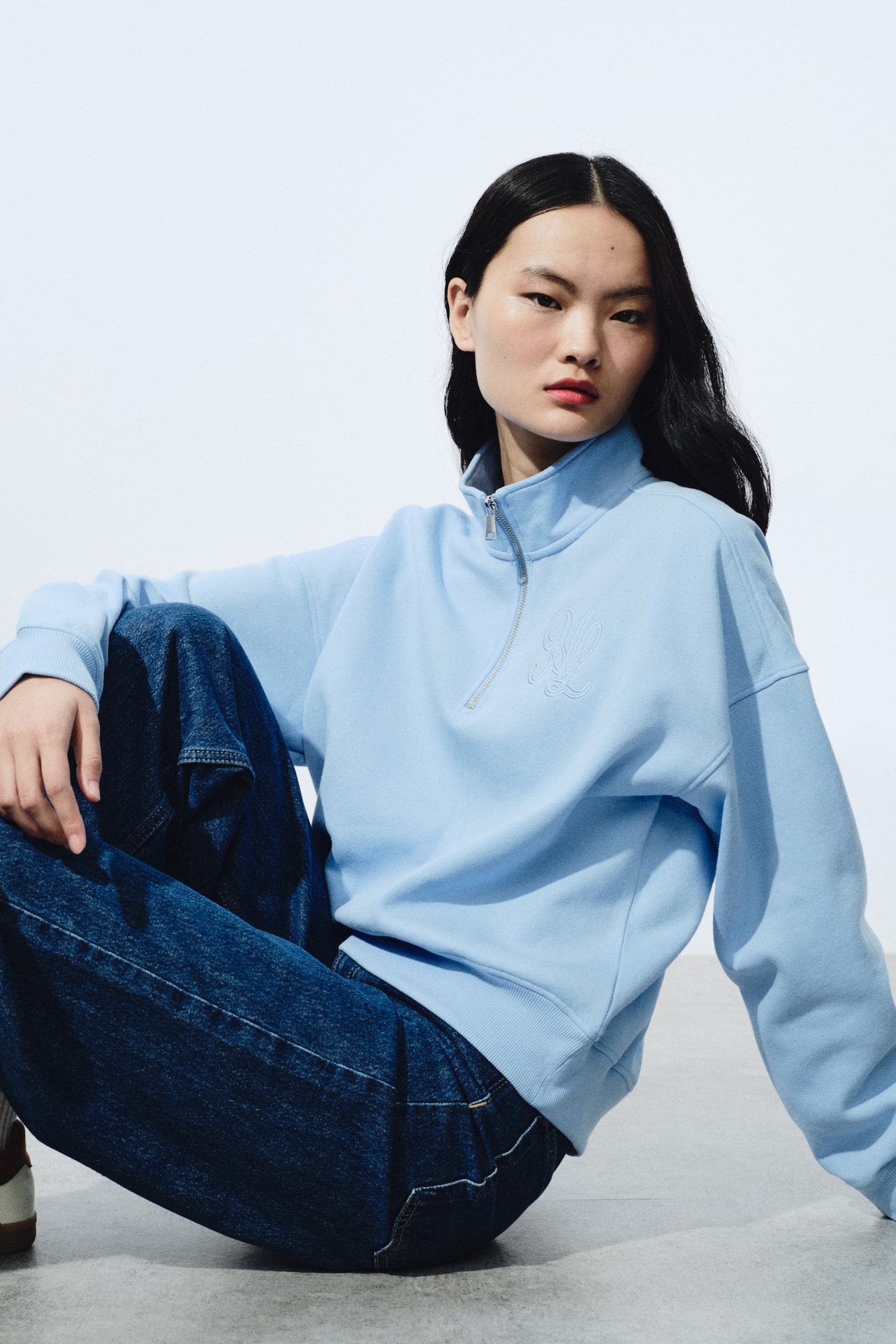 ハーフジップスウェットトップス - ライトブルー/ライトグレーメランジ/ネイビーブルー - 6