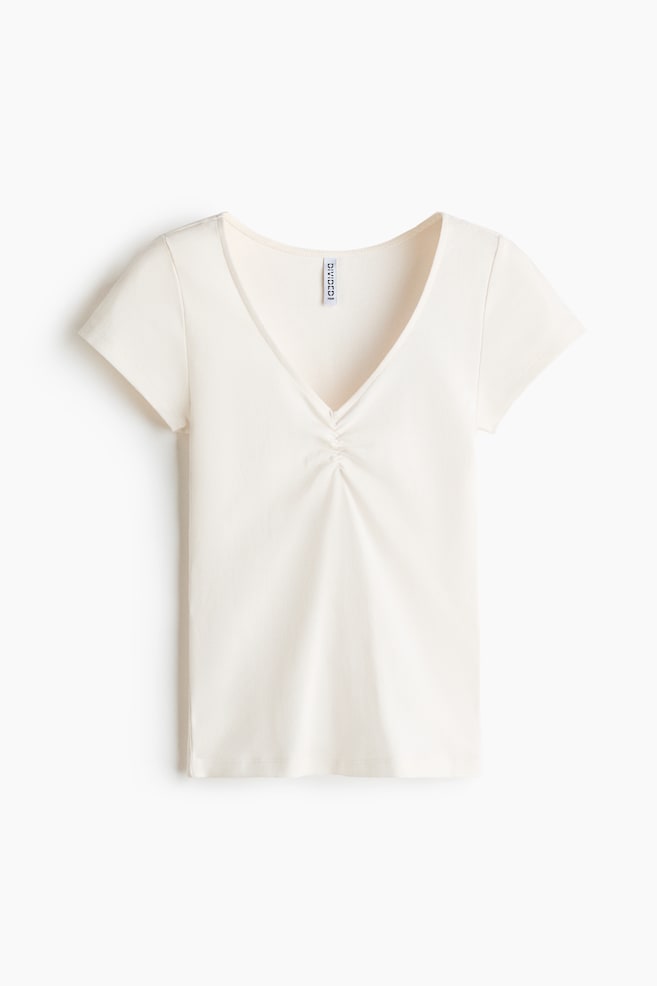 Ribbed V-Neck Top - White/Pale pink - 1
