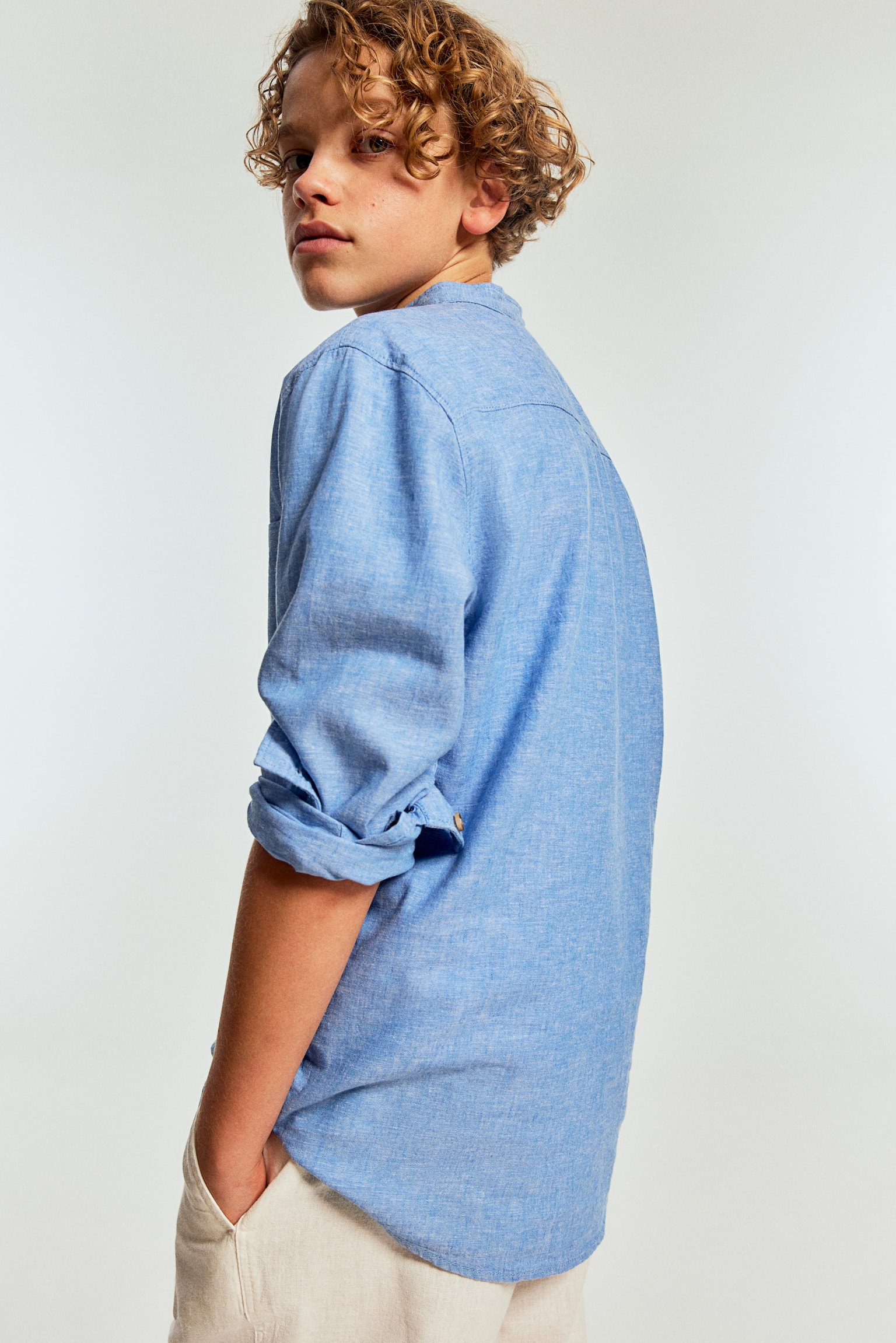 Linen Blend Grandad Shirt - Light blue marle/White - 5