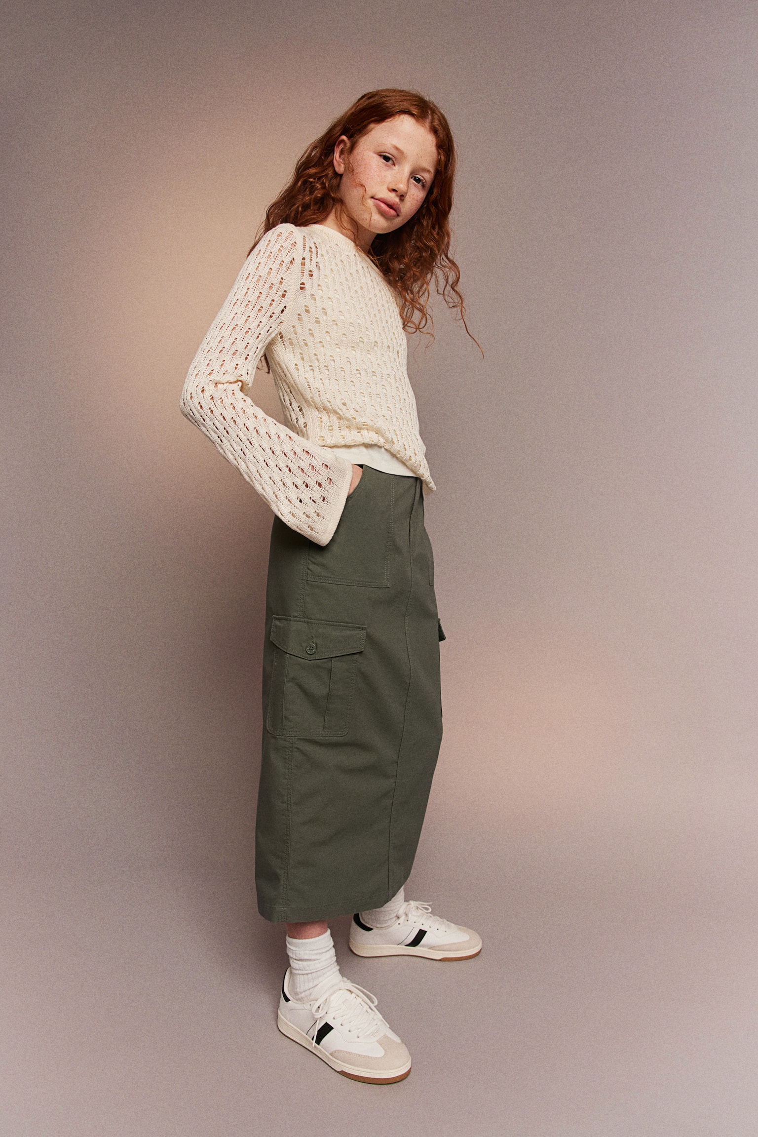 Cotton Cargo Skirt - Dark khaki green/Beige - 2