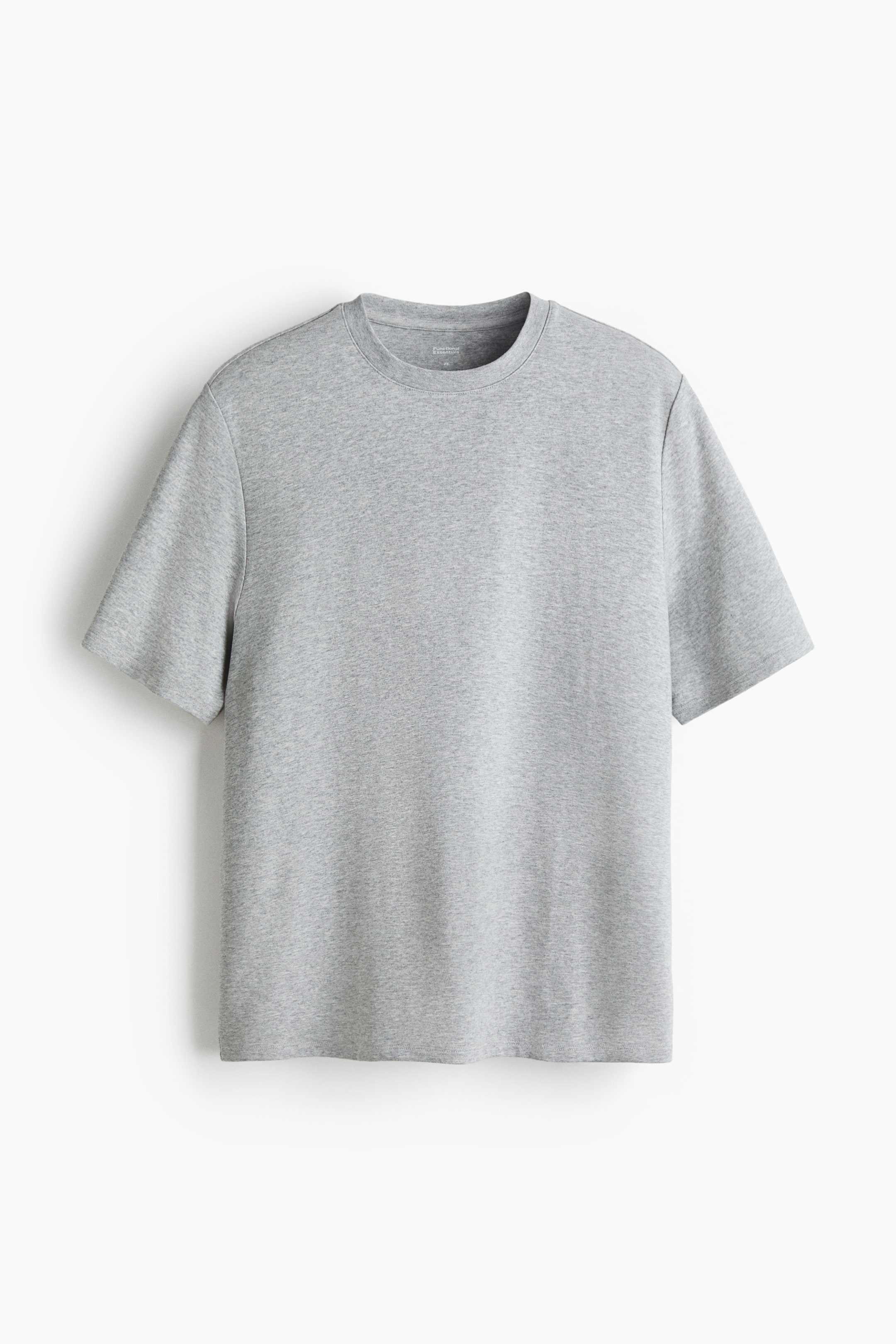 Ampliar la imagen: Una camiseta gris jaspeado de corte relajado muestra su PARTE FRONTAL, con un cuello redondo ribeteado, hombros caídos, mangas cortas y un dobladillo de corte recto.