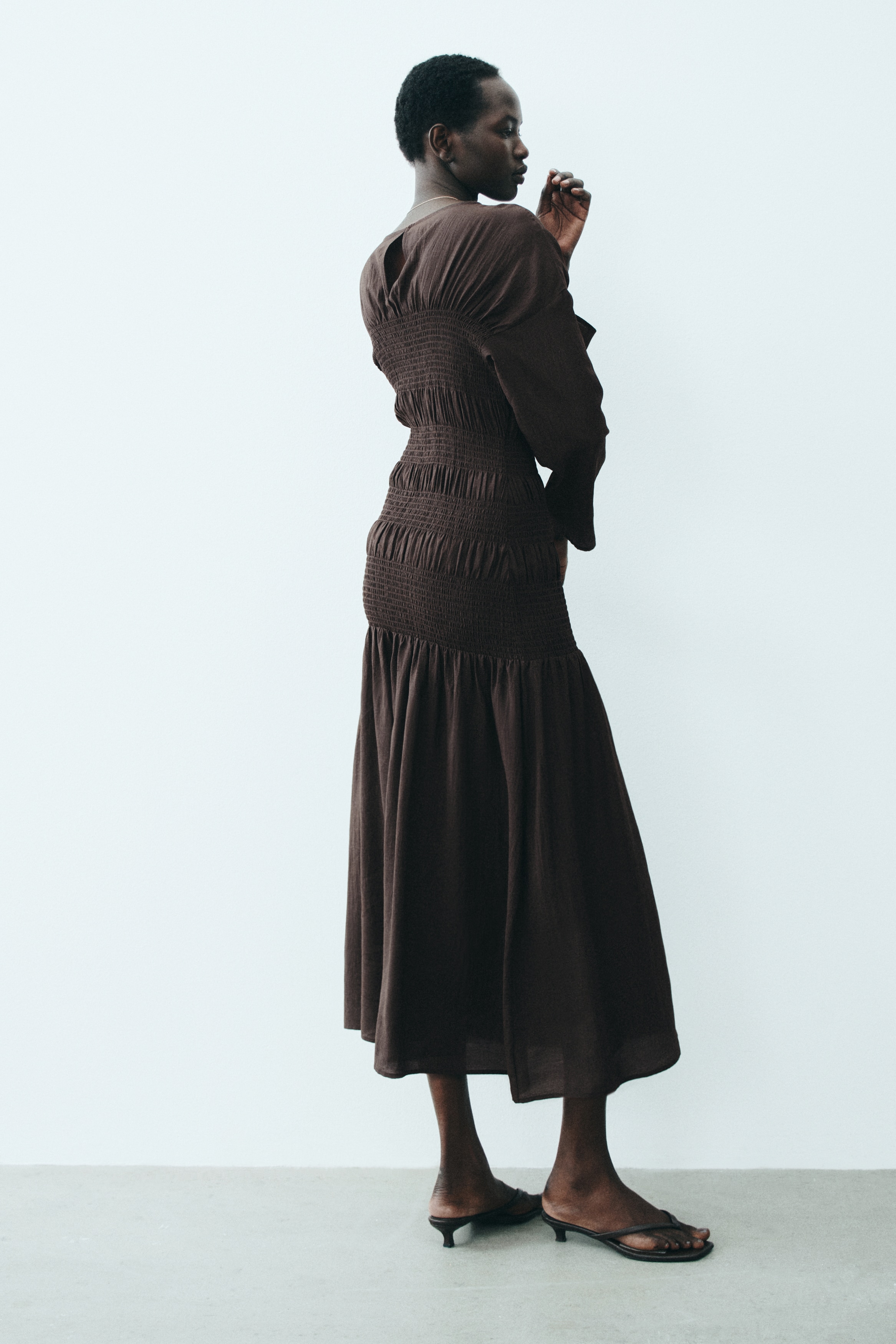 Ladies - Dark Brown Smocked Dress - Size: L - H&M