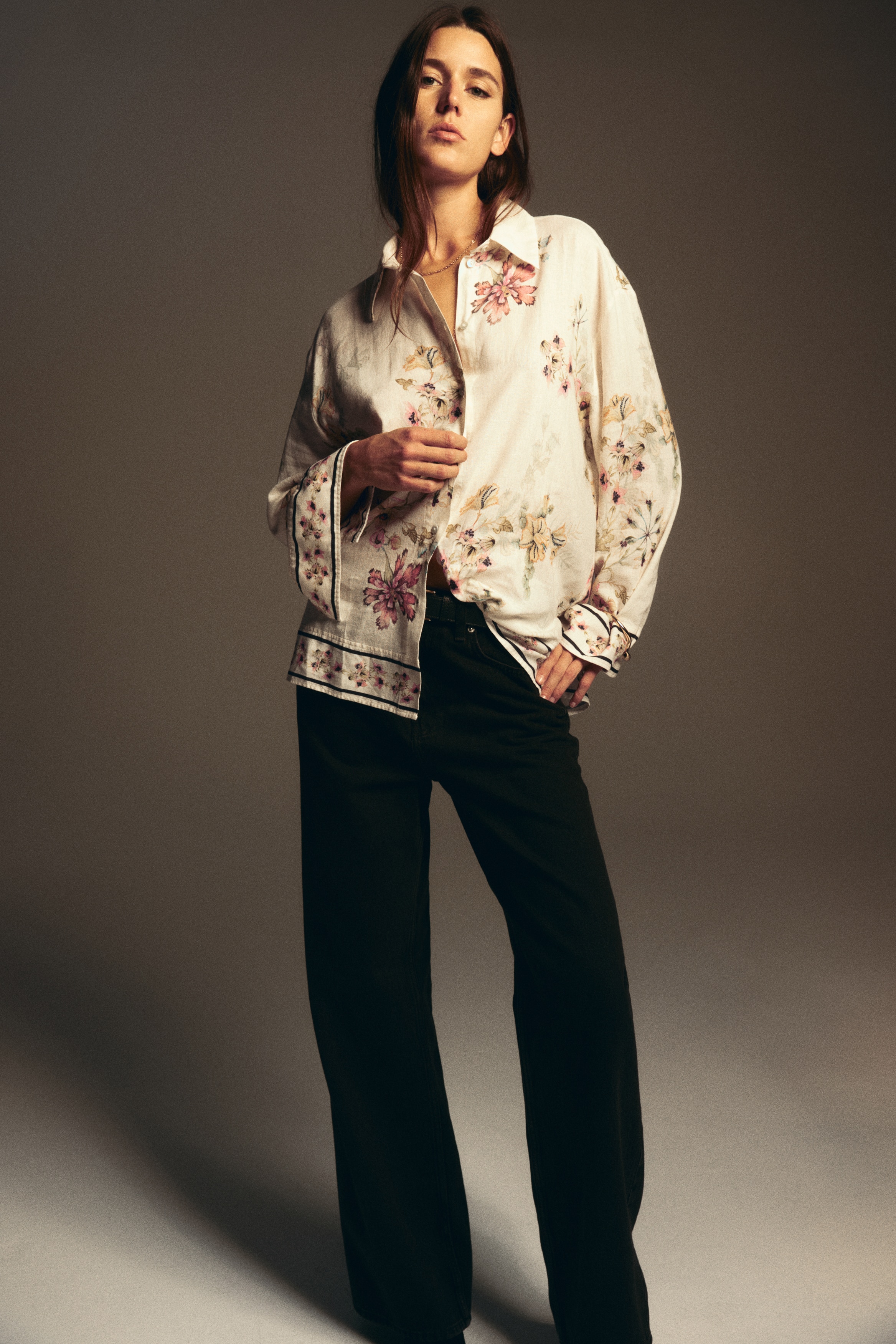 Košulja od mešavine lana - Krem/cvetni dezen