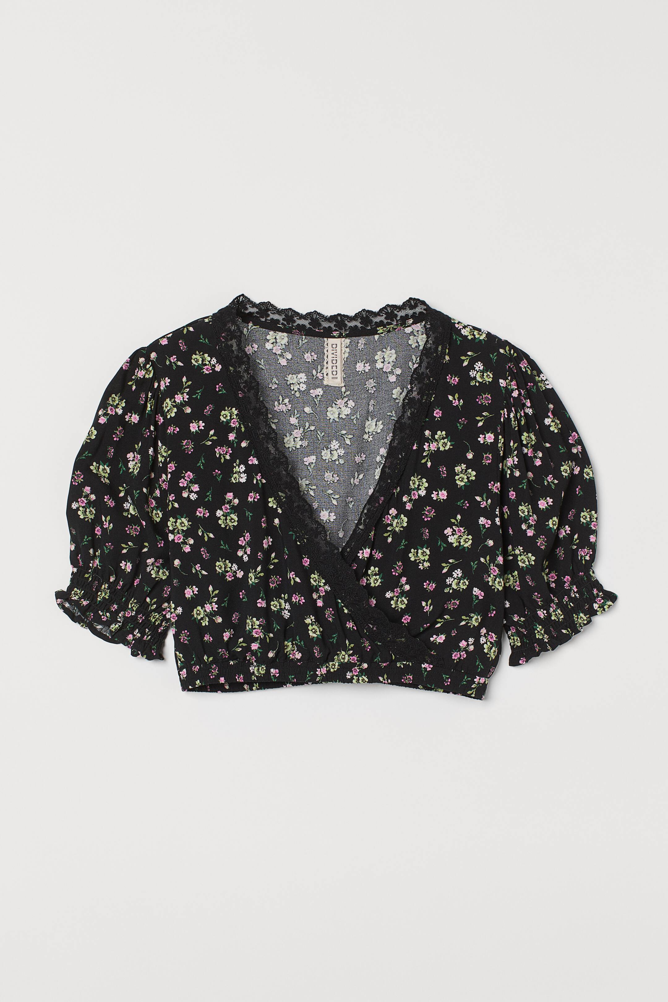 Grotere afbeelding bekijken: Korte overslagtop - Zwart/bloemen - DAMES | H&M NL 1