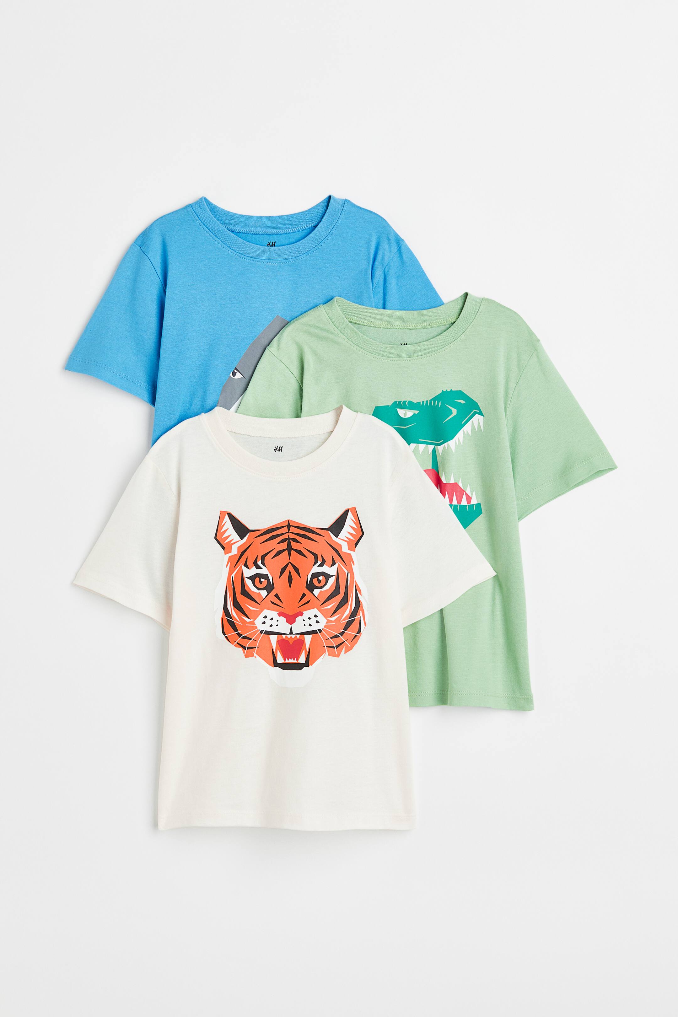Xem ảnh lớn hơn: Bộ 3 áo thun cotton - Màu xanh lá nhạt/Khủng long - Kids | H&M VN 1