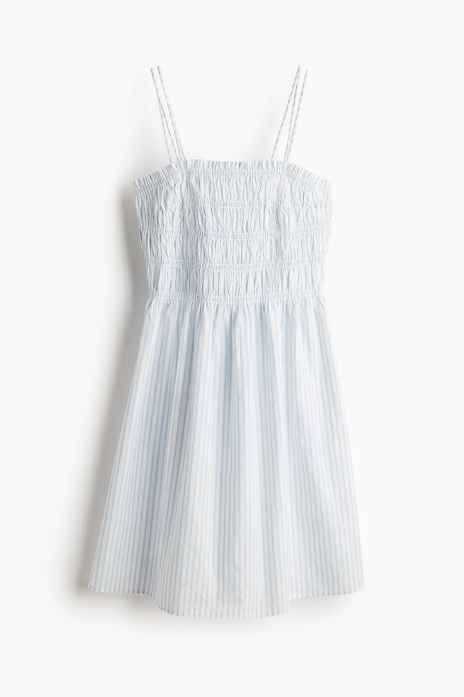 Vestido de algodón con talle en punto smock - Blanco/Rayas azul claro - 1