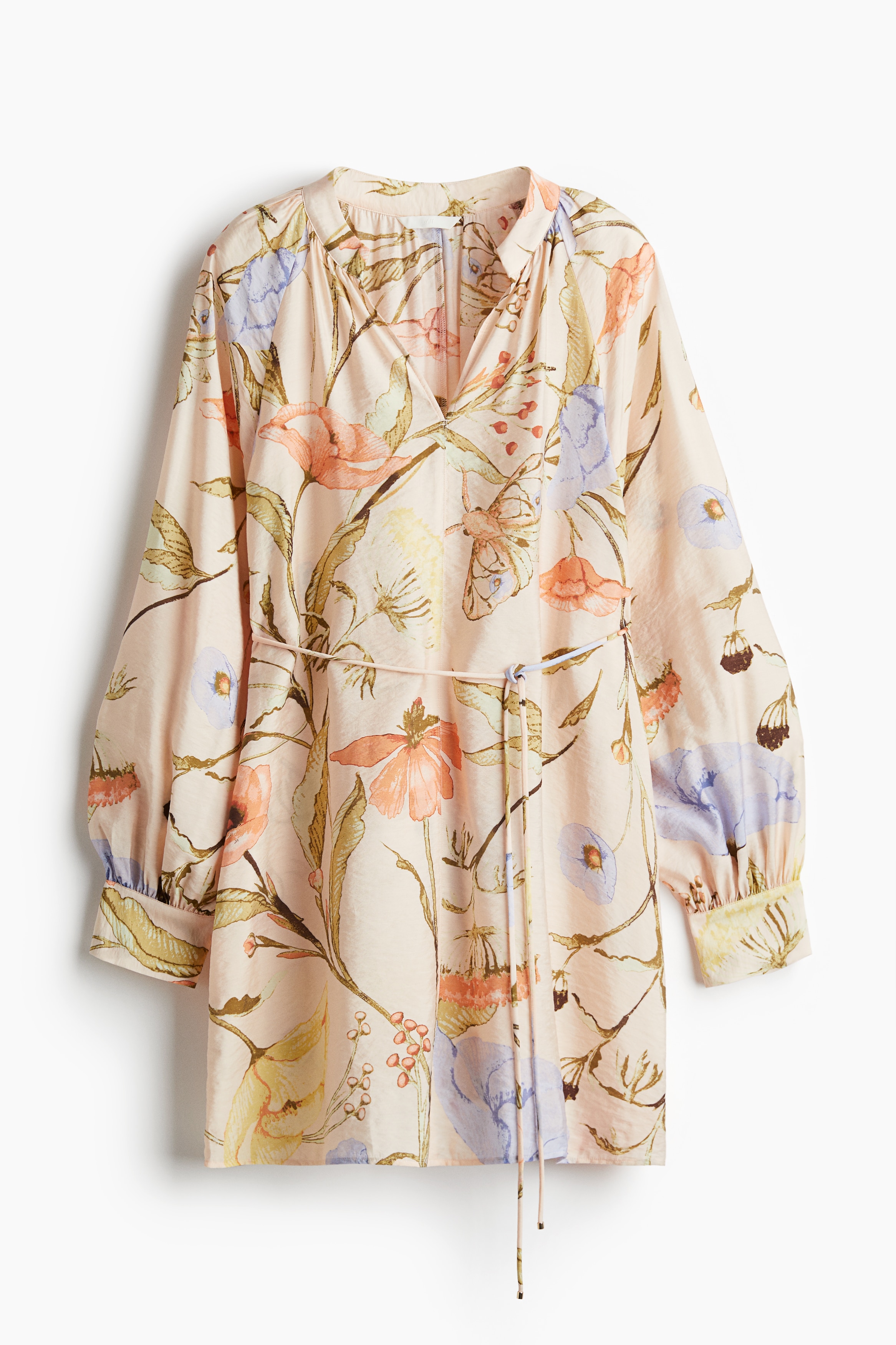 Rochie tip tunică cu cordon - Caisiu-deschis/flori/Negru