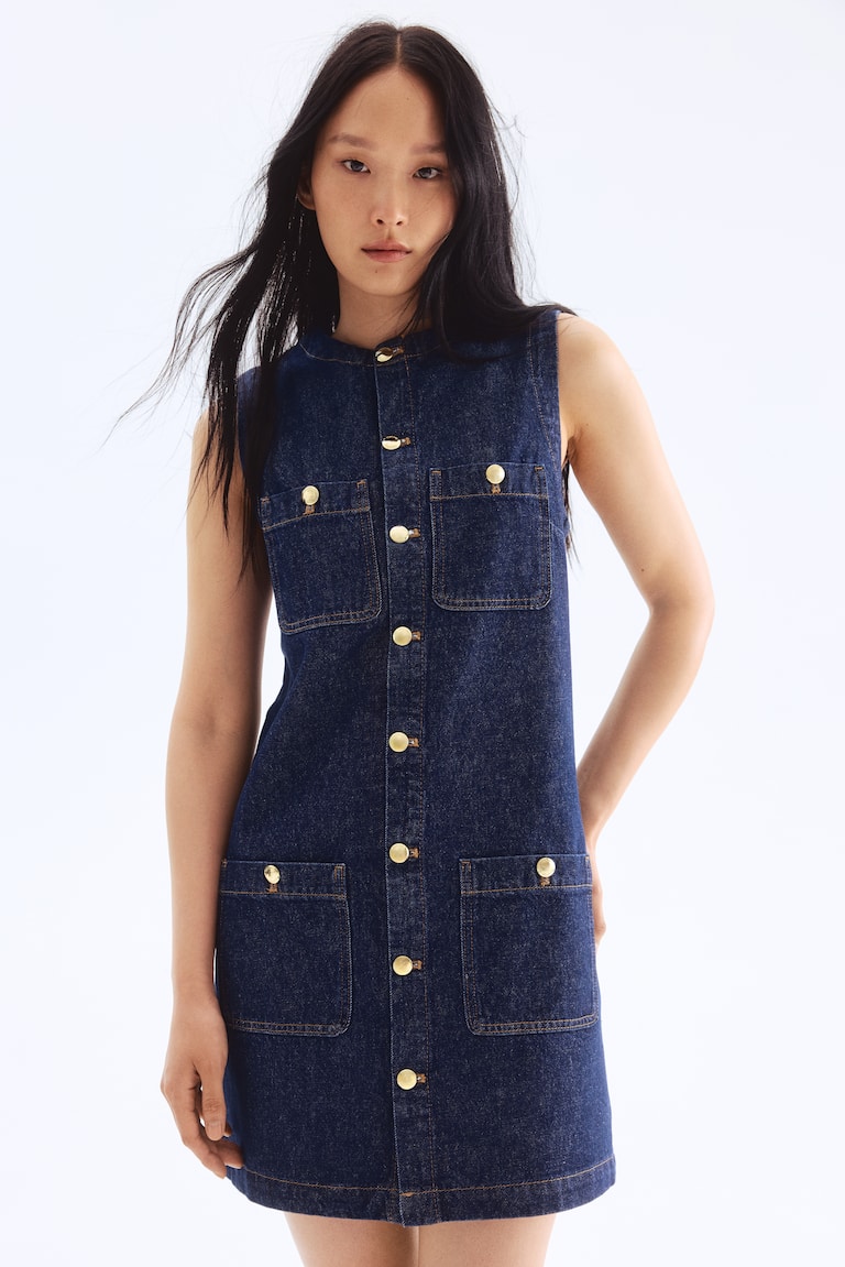 Ladies - Dark Denim Blue Sleeveless Denim Dress - Size: XXS - H&M