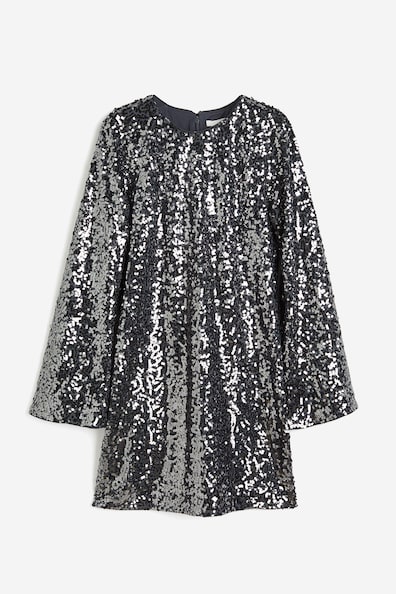 Sequined Dress - Round Neck - Long sleeve - Dark gray/sequins - Ladies ...