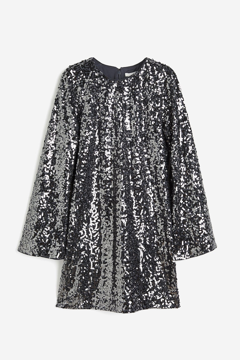 h and m black sequin dress Women's Sequined short sleeves and binding around the neckline Women's Black Long sequined dress