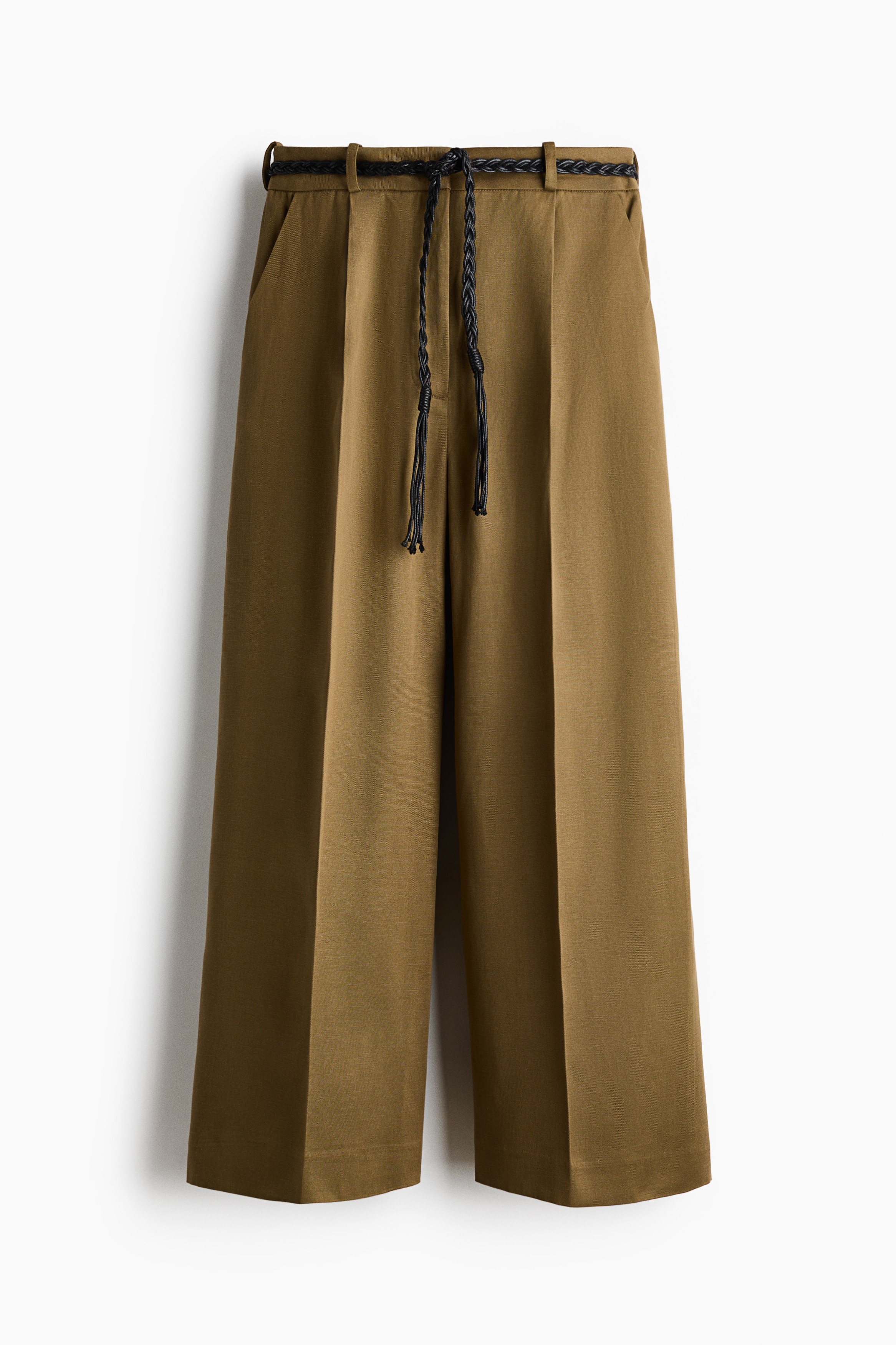 Pantalon en lin mélangé avec ceinture à nouer - Vert kaki/Noir