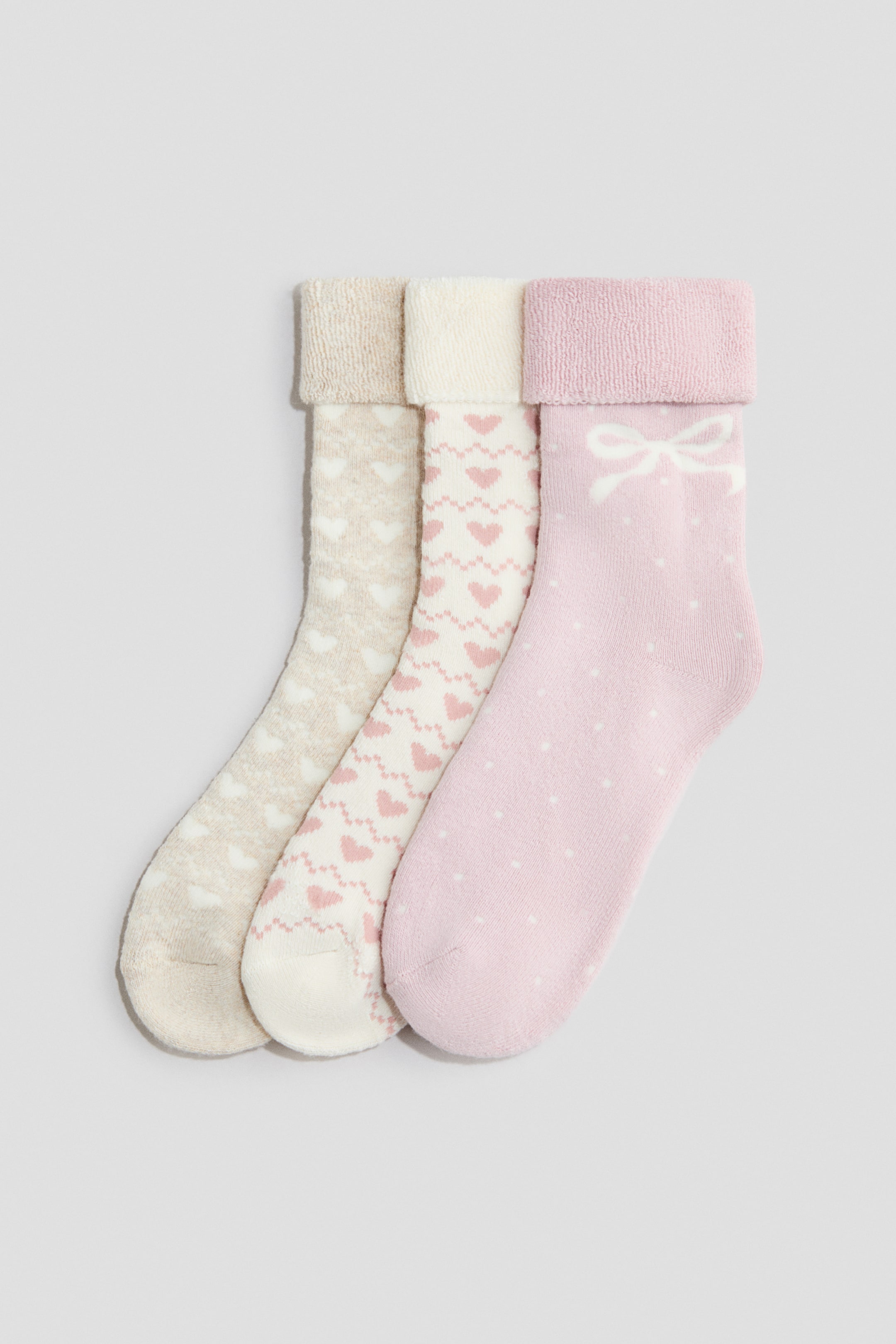 View larger image: 3-pack jacquard-knit terry socks - Beige marl/Hearts - Kids | H&M 1