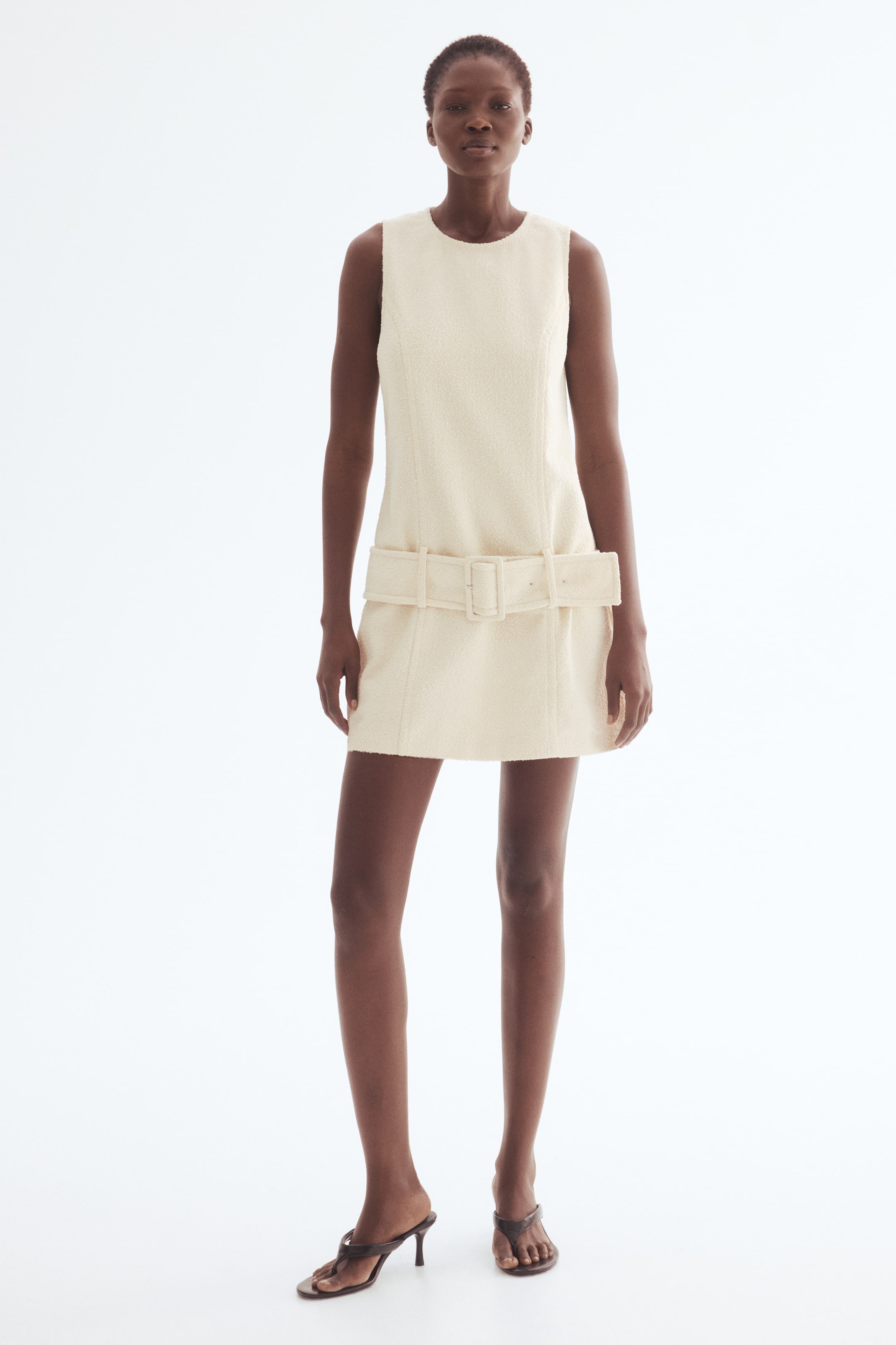 View larger image: Belted bouclé dress - Cream - Ladies | H&M SG 1