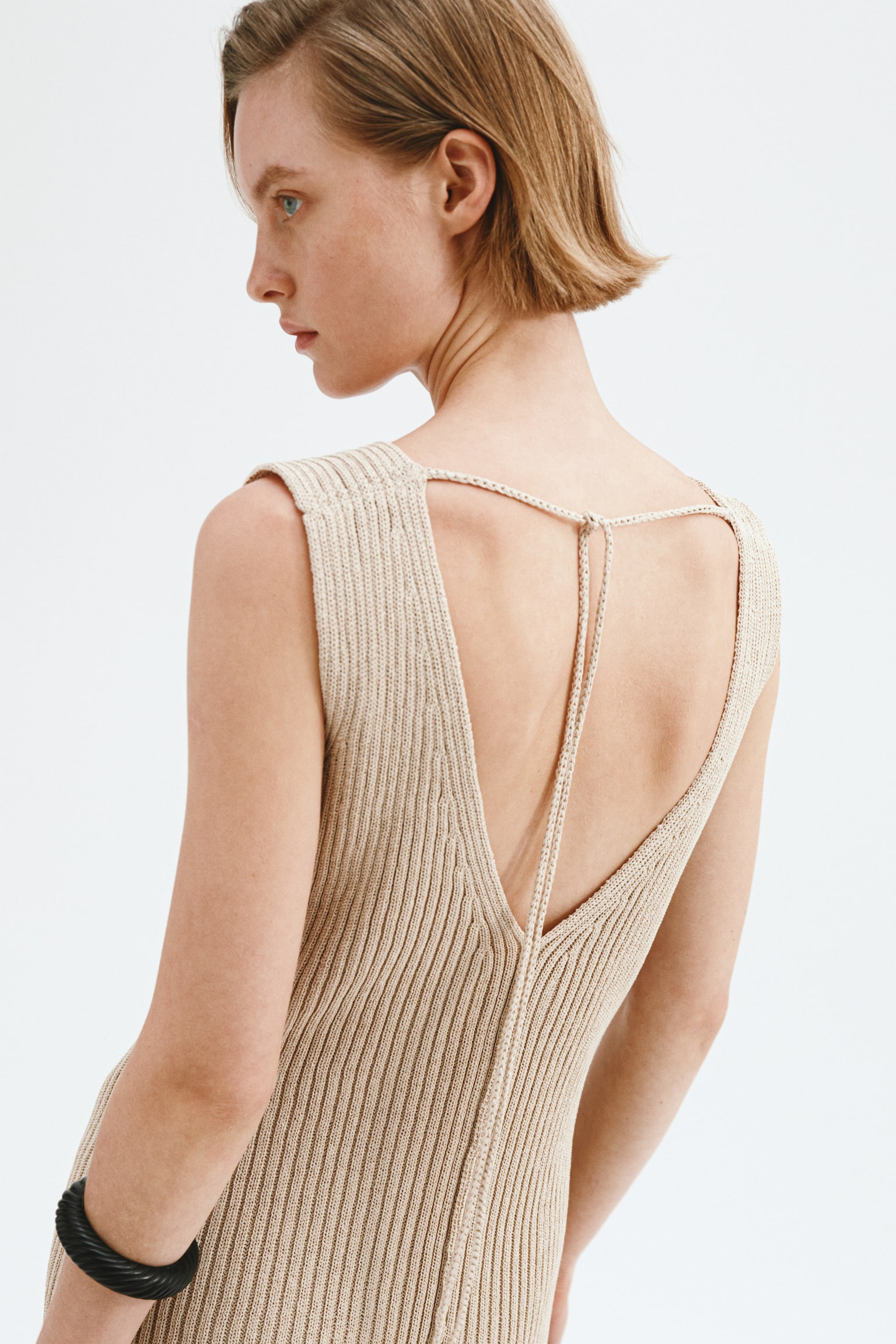 Rib-knit tie-back dress - Light beige - 5