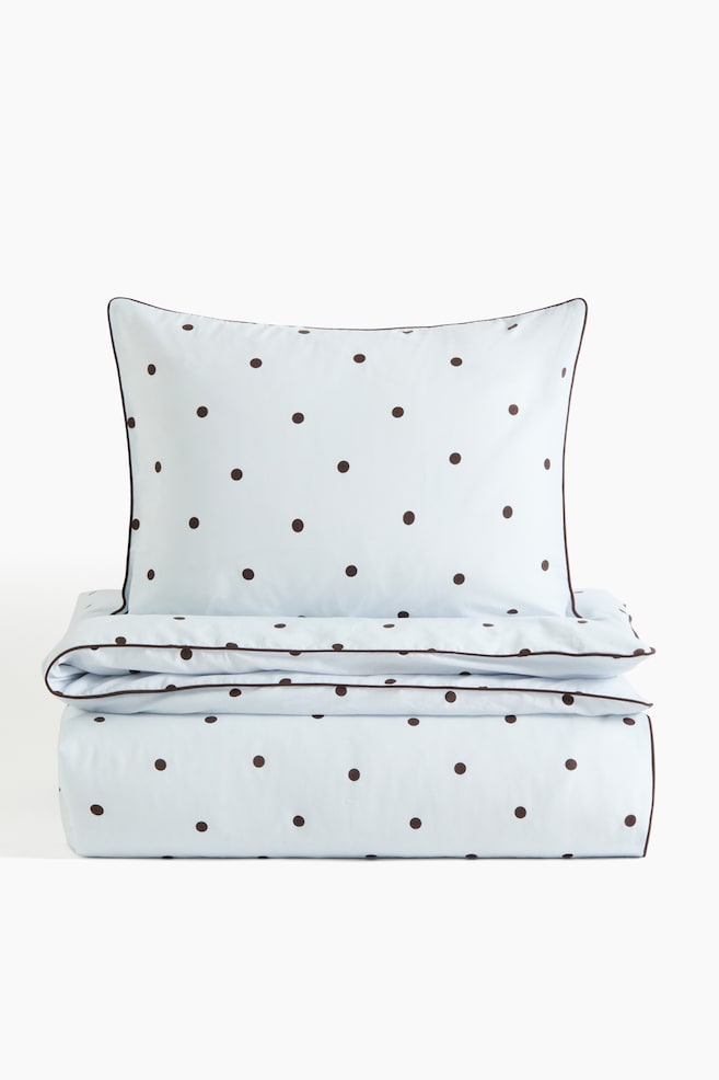 Patterned Cotton Twin Duvet Cover Set - Light dusty blue/polka dot - 1