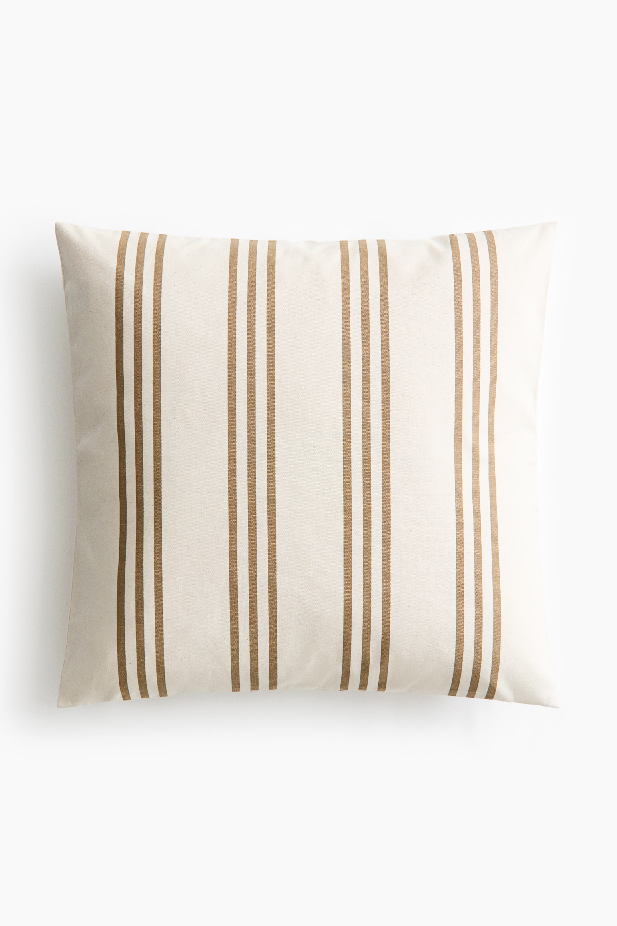Voir une image plus grande: Une housse de coussin rectangulaire présente son devant, avec un fond crème orné de rayures verticales espacées uniformément. Chaque rayure est composée de trois fines lignes brunes.