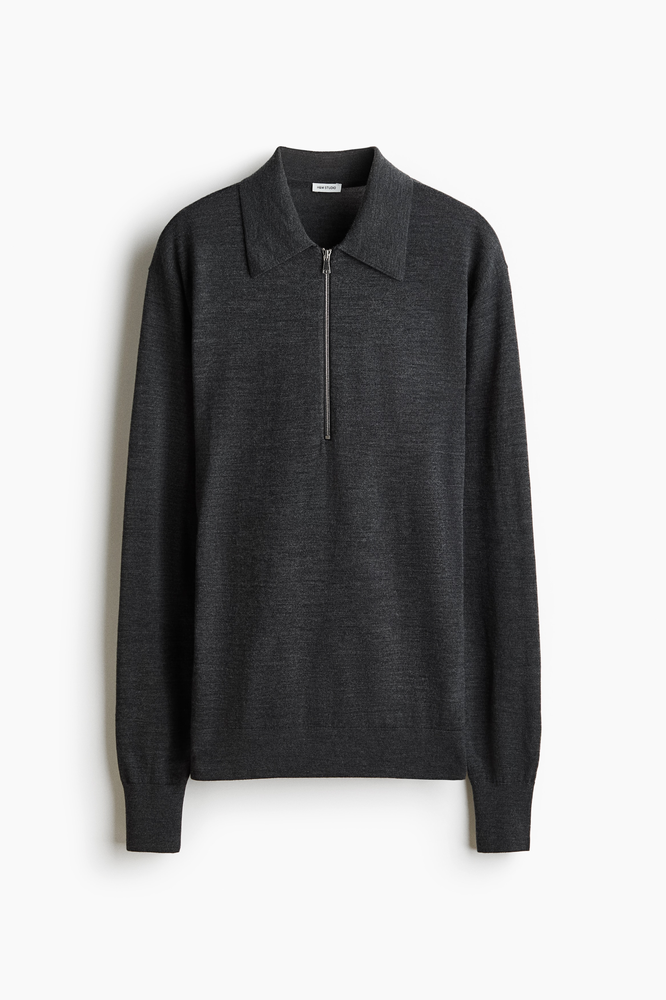 Fine Knit Merino Wool Polo Shirt - Dark grey marle/Dark mole