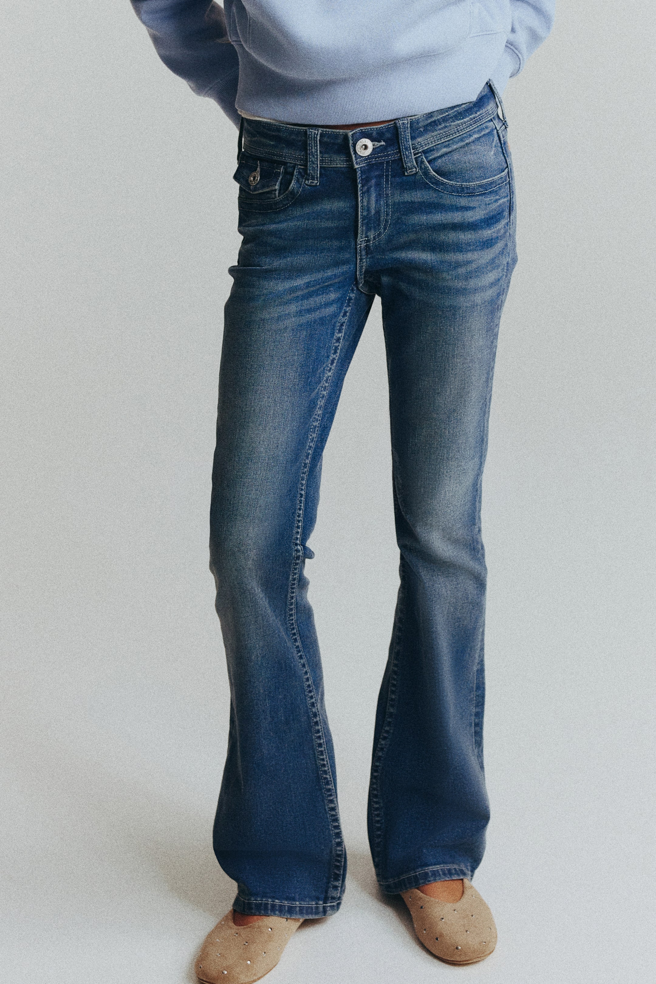 Embroidered-Detail Flared Low Jeans