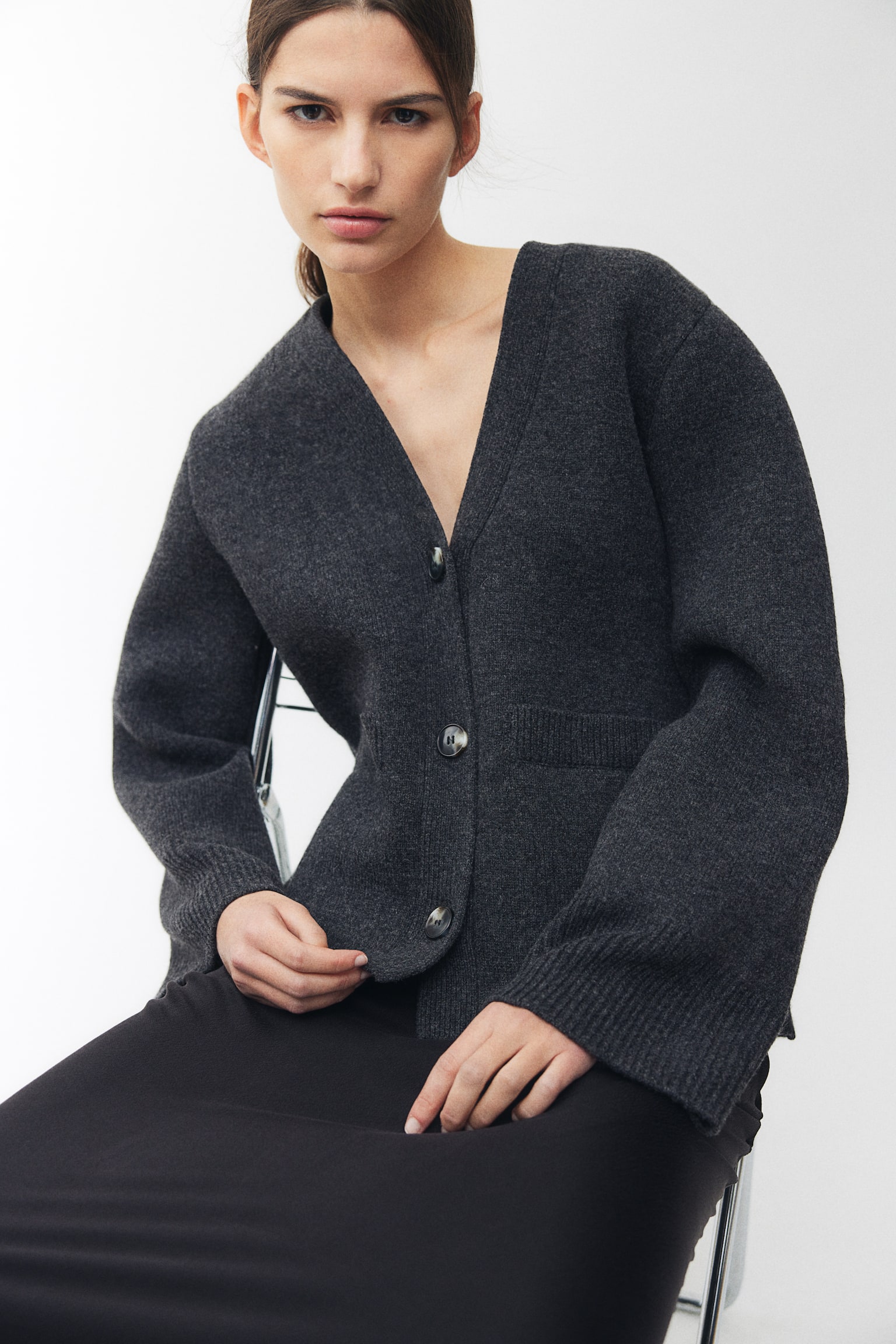 Knitted wool cardigan - Dark grey marl/Cream/Black - 5