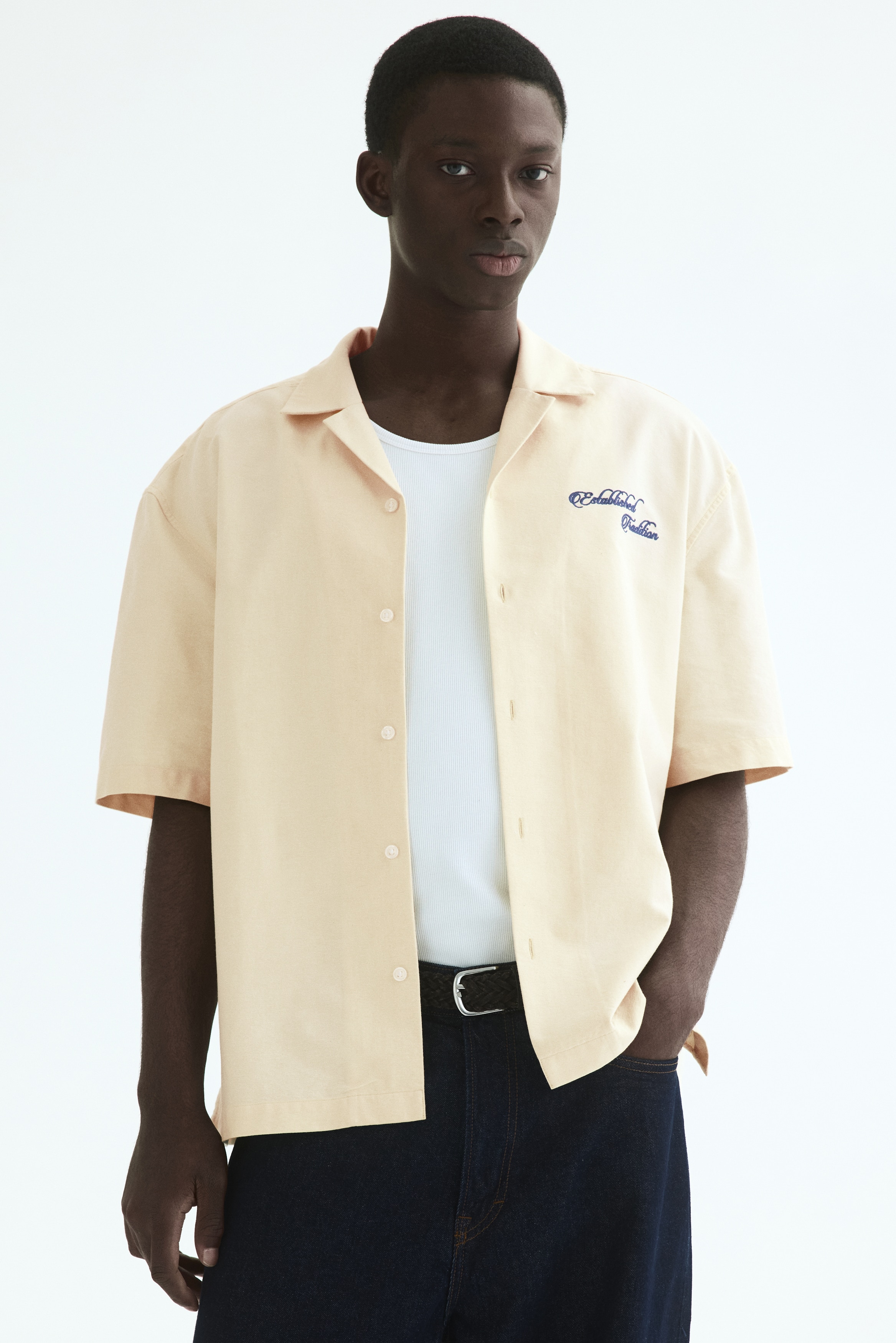 Relaxed Fit Embroidered-motif cotton resort shirt - Pale yellow/Burgundy/Light blue