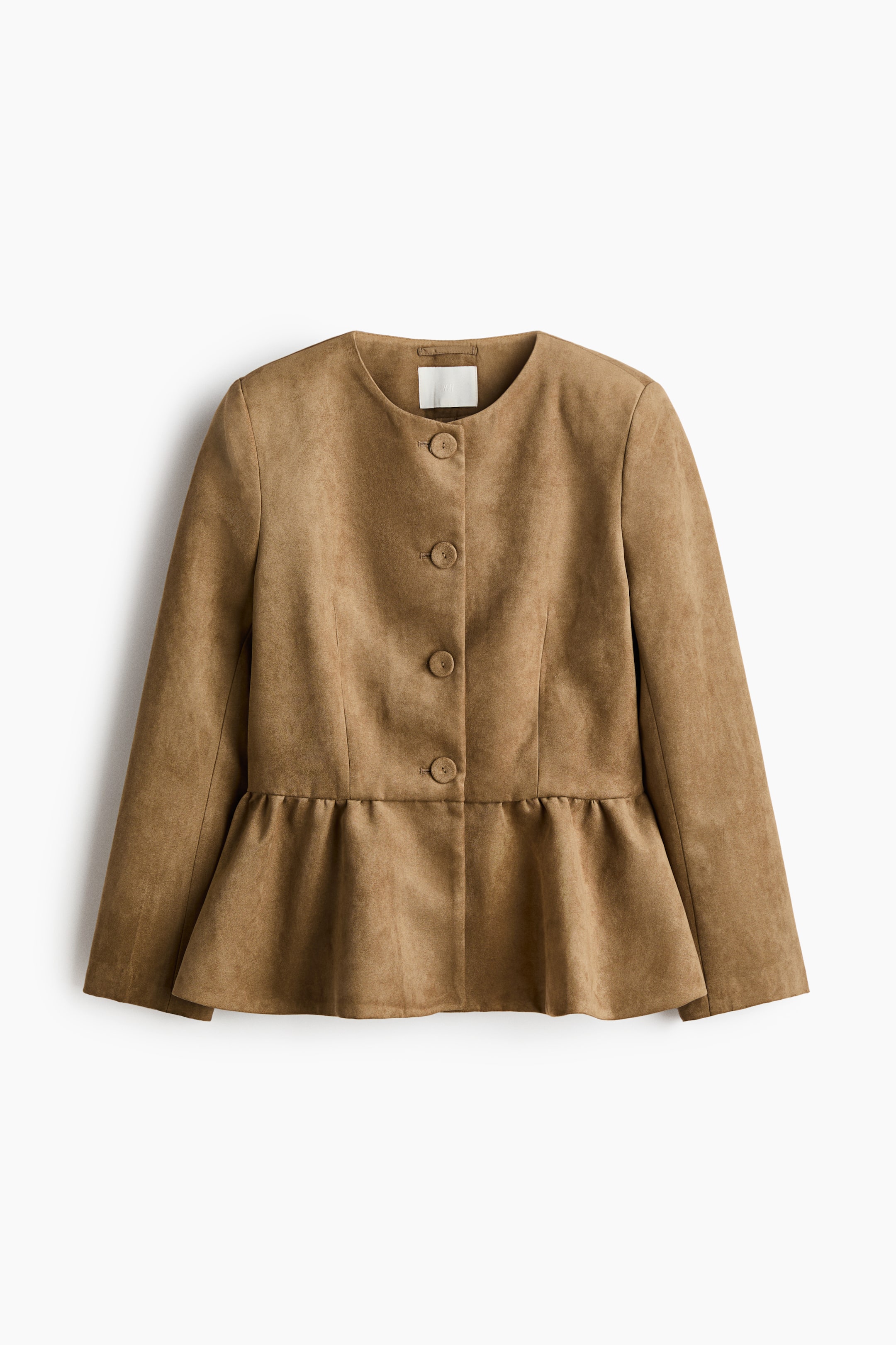 View larger image: A brown faux suede jacket is displayed from the FRONT, highlighting a round, collarless neckline and a four-button front closure. It is crafted with long sleeves and a gathered peplum hem at the waist.