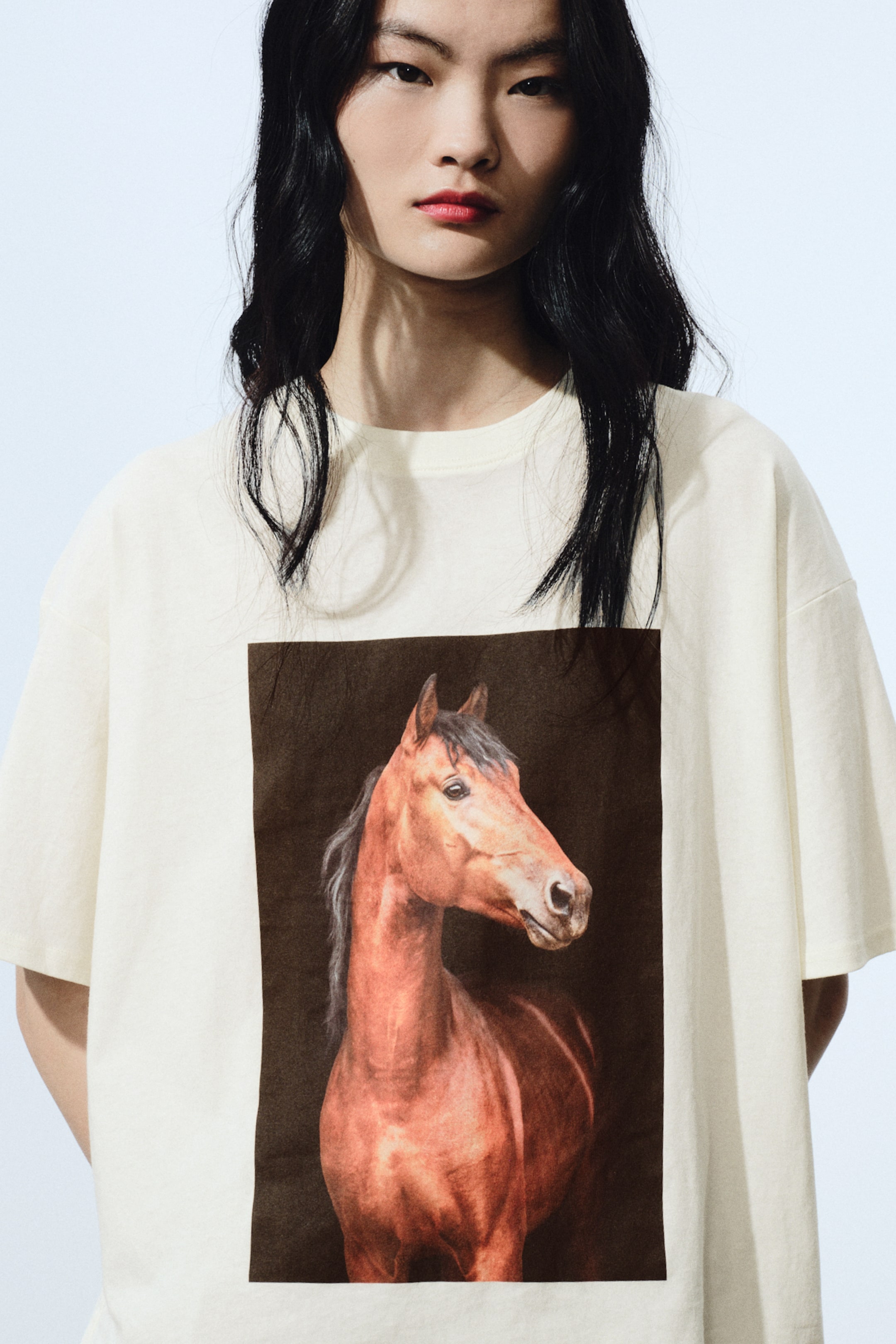 View larger image: A cream short-sleeved T-shirt features a large rectangular graphic print of a brown horse’s head and upper body on the front. The horse faces right with its head slightly turned, and the T-shirt presents a relaxed fit with dropped shoulders.