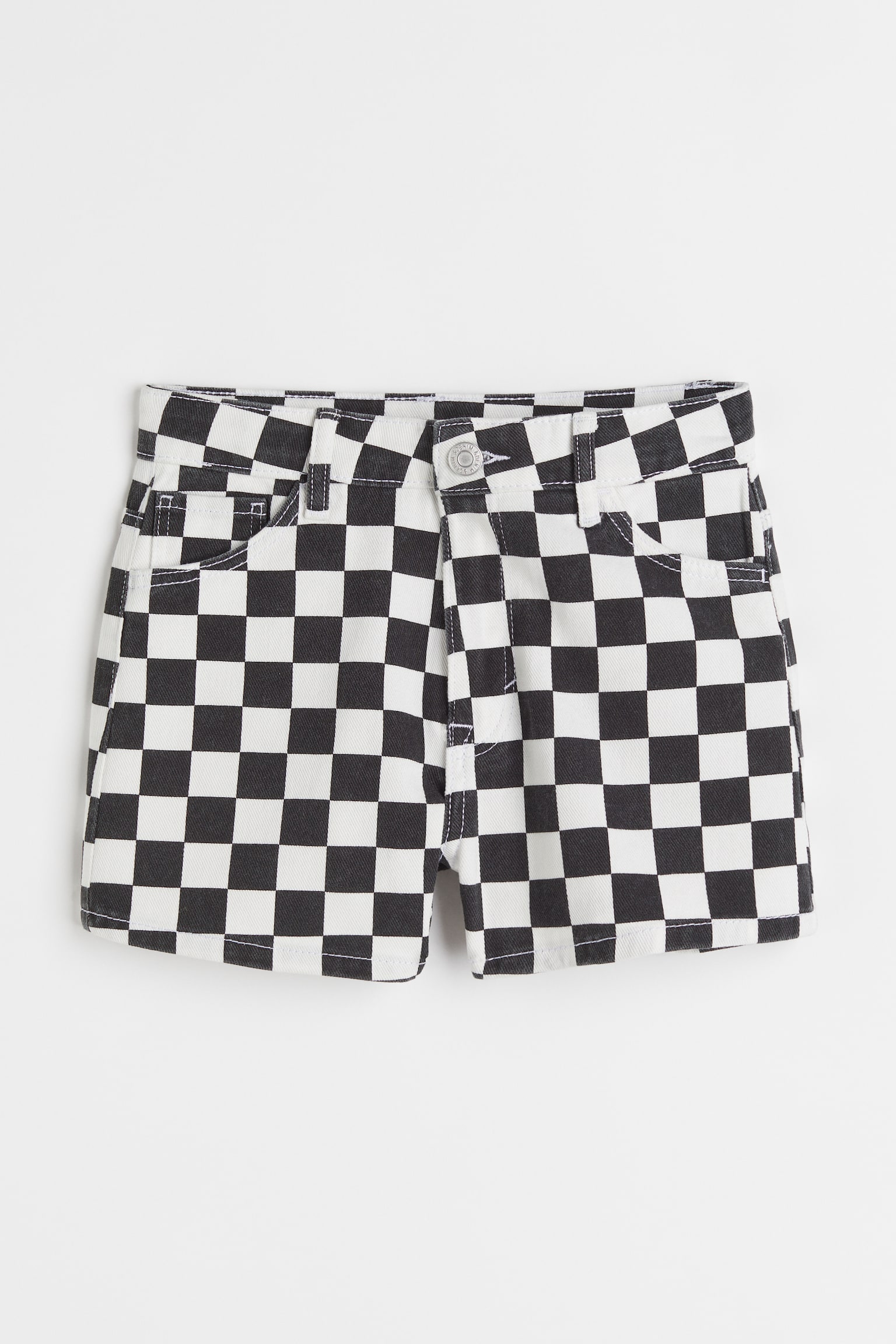 Relaxed High denim shorts - Black/White checked - 1