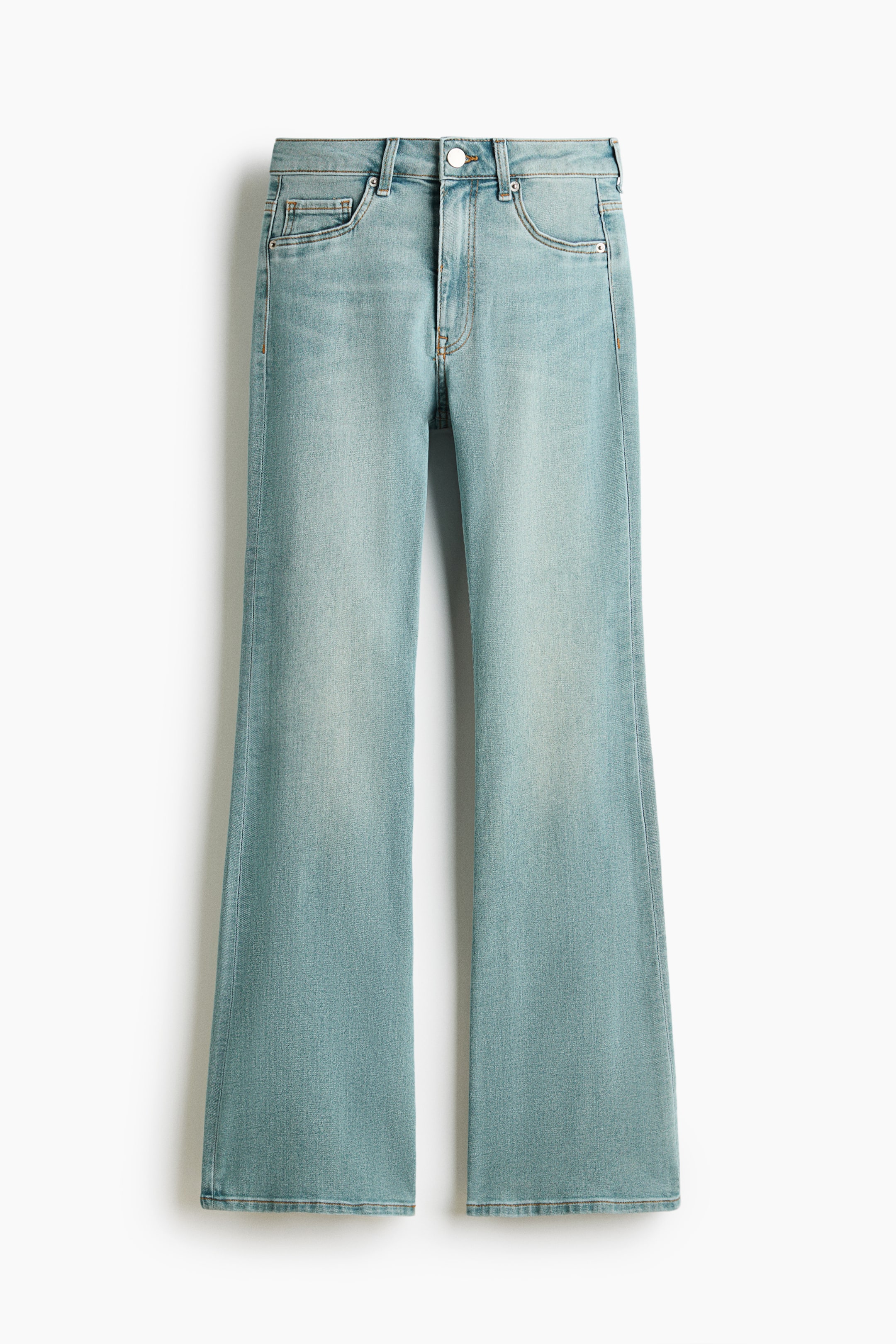 View larger image: A pair of light blue 5-pocket flared jeans is being showcased from the front, featuring a high waist with a zip fly and button closure. They fit snugly through the thigh and flare out from the knee to the hem, with subtle fading on the thighs and a regular length that reaches the top of the foot.