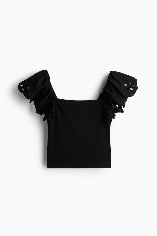 Ribbed Top with Eyelet Embroidered Detail - Black/Cream/Light pink - 1