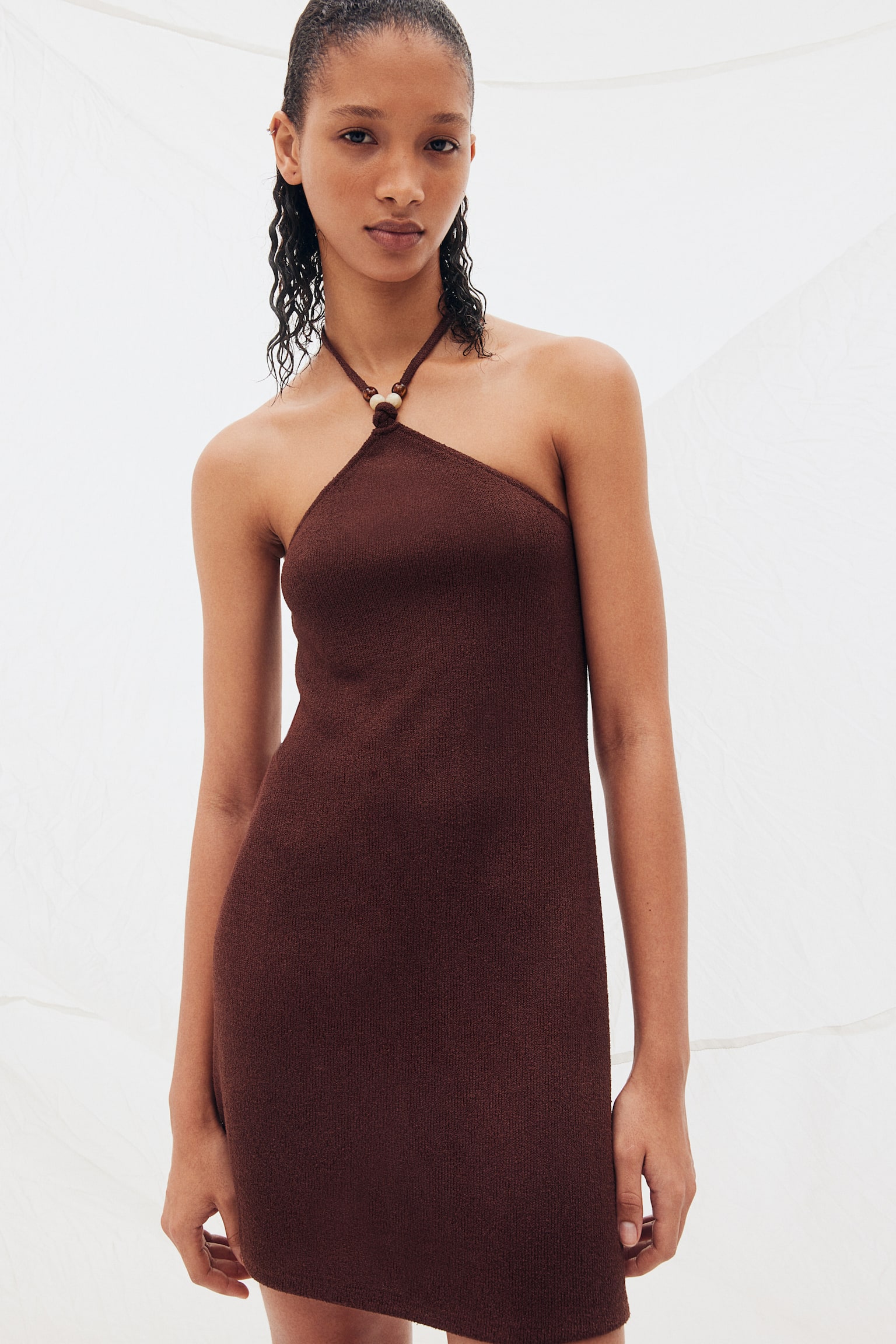 Bead Detail Halterneck Dress - Dark brown/Black/Cream - 1