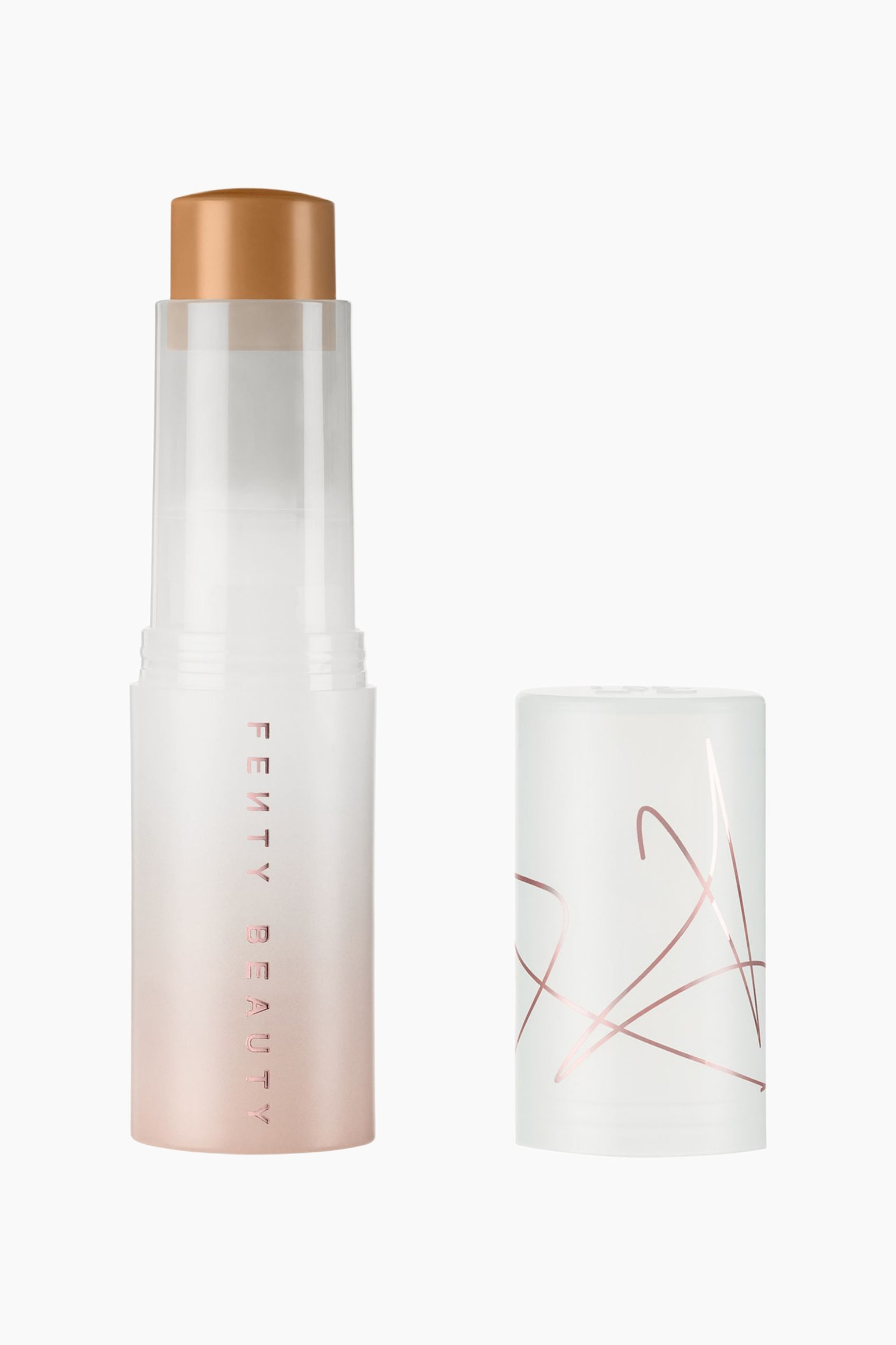 Eaze Drop Blur + Smooth Tint Stick on pystyssÃ¤ ilman korkkia, ja keskisÃ¤vyinen beige voidemainen meikkipuikko nÃ¤kyy kirkkaan sisÃ¤putken sisÃ¤ltÃ¤. Puikon alaosassa on huurrettu valkoisesta ruusukultaiseen liukuva sÃ¤vy, pystysuuntainen brÃ¤ndÃ¤ys, ja irrotettu huurrettu valkoinen korkki on sen vieressÃ¤, jossa on abstraktia metallinhohtoista ruusukultaista viivataidetta.