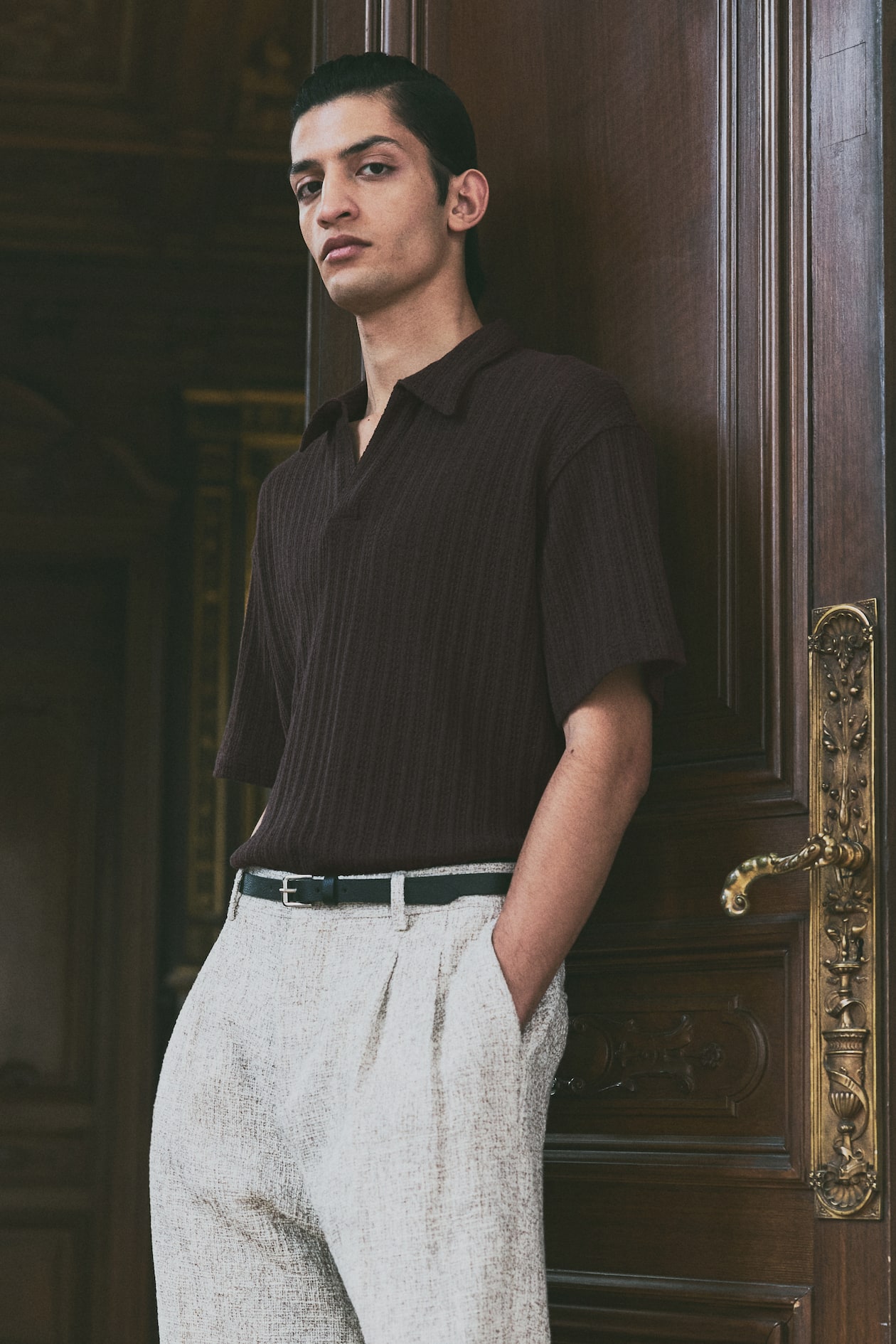 Men’s Brown Loose Fit Jacquard-Knit Polo Shirt H&M CA