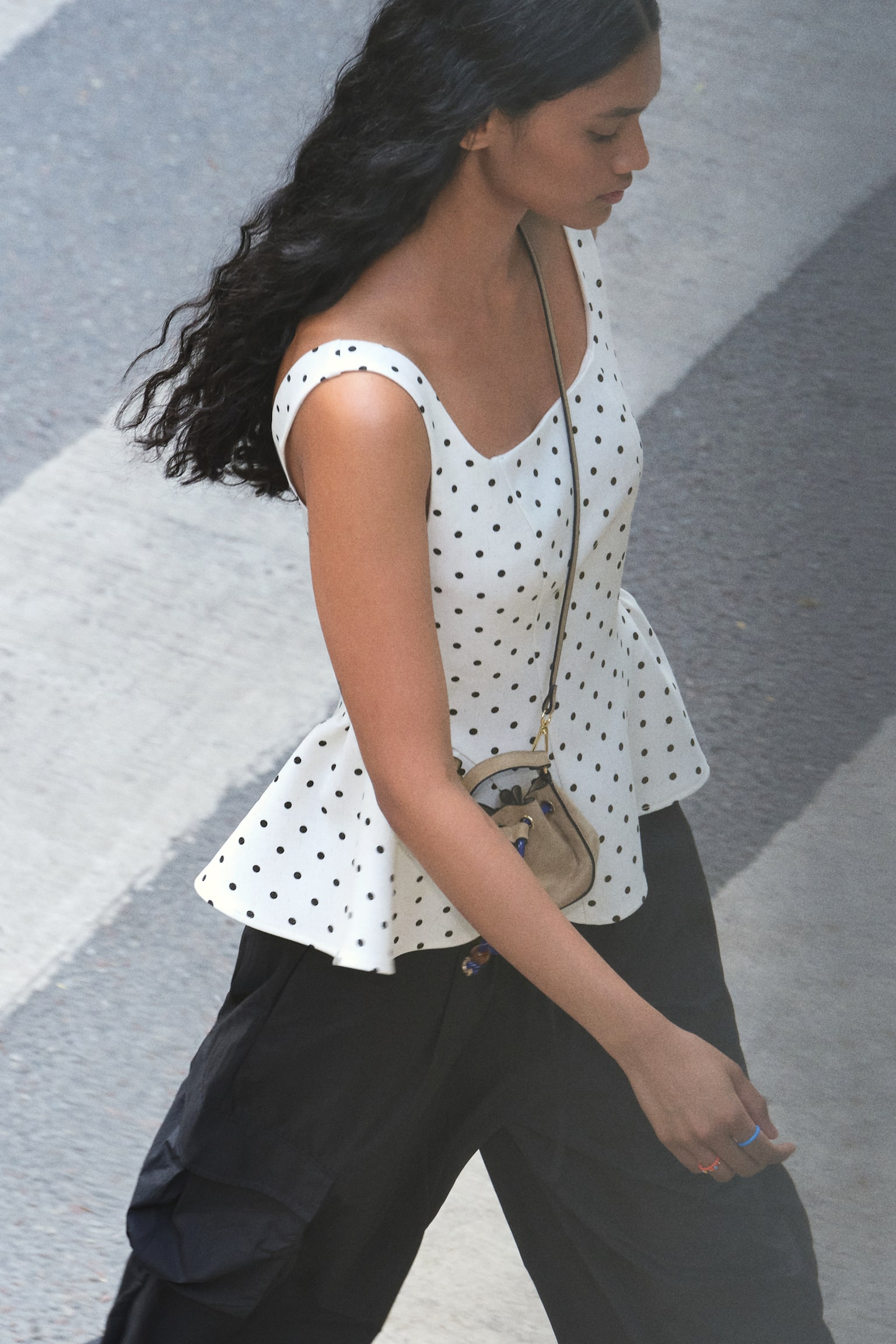 Square-neck peplum top - Cream/Polka dot - 1